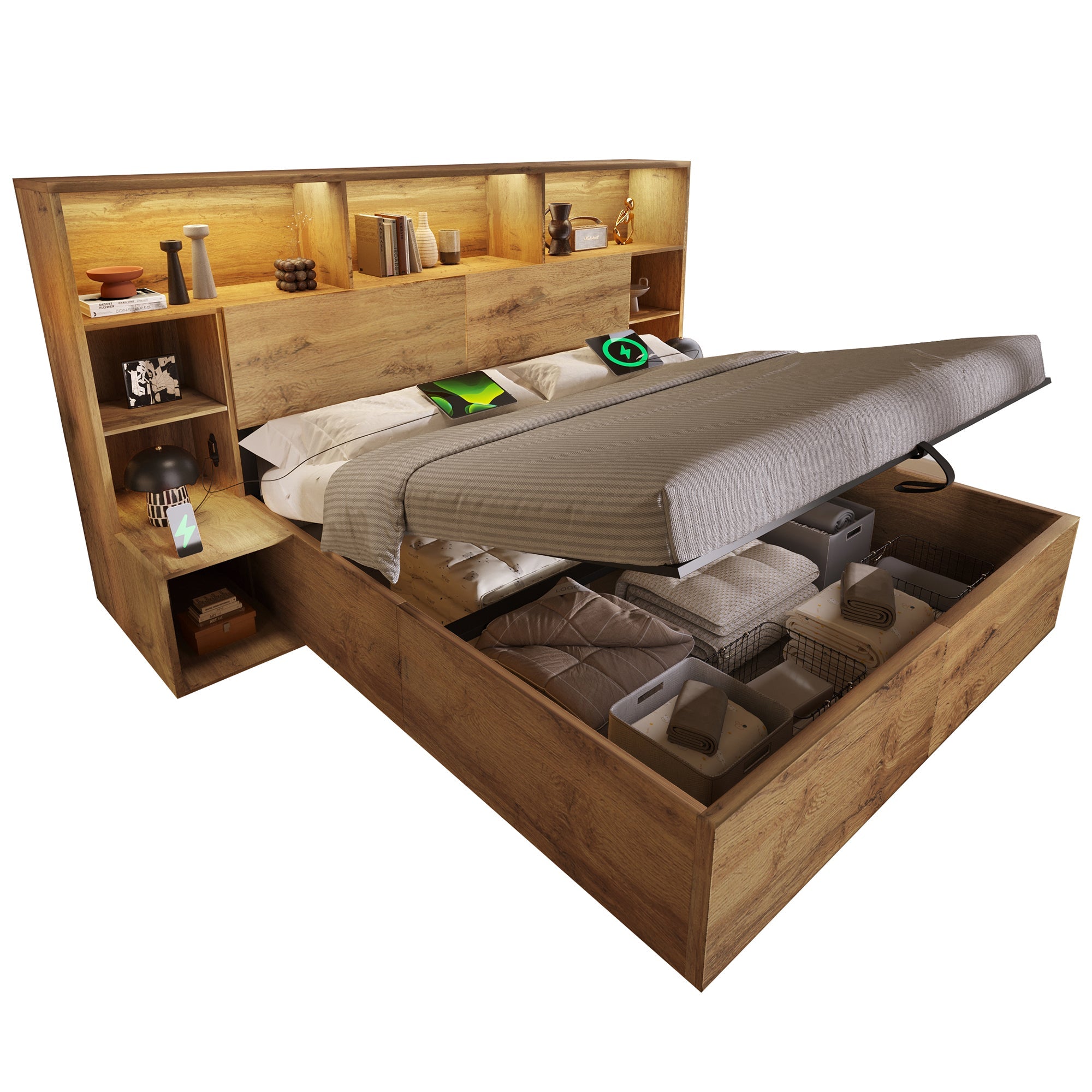 System Bed 180x200cm with Hydraulic Storage, Integrated Bedside Tables, Headboard Shelf, LED and USB-C, Oak Wood Look