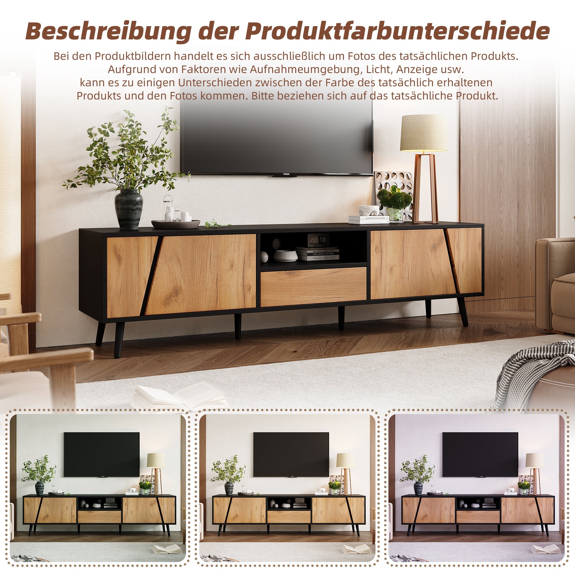 Lowboard TV Board, TV Cabinet with Drawers and 2 Cabinets, Modern Minimalist, Solid Wood