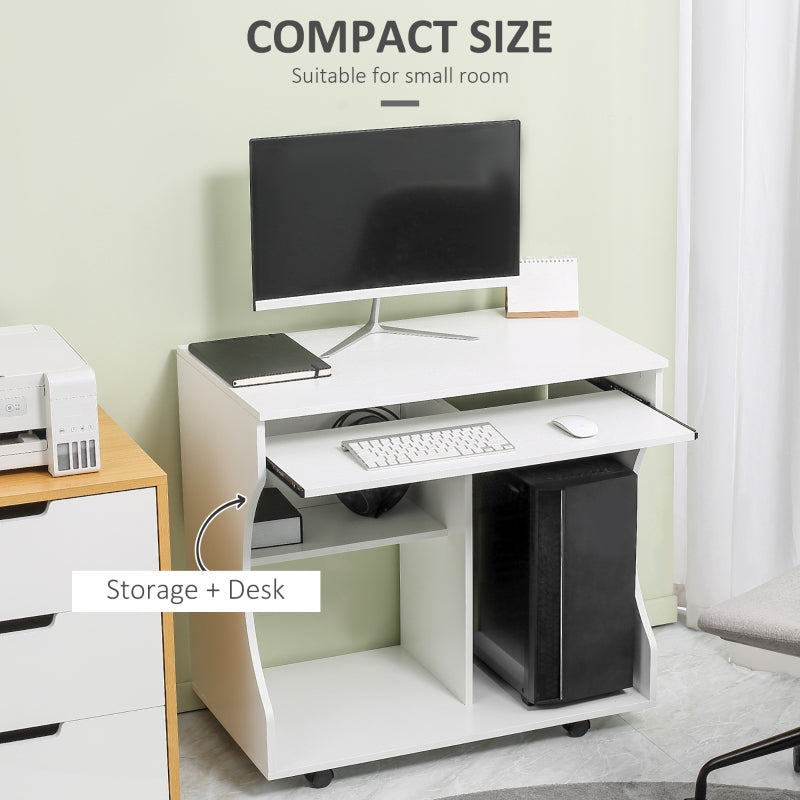 Multi-Storage Compact Work Desk with Wheels, White