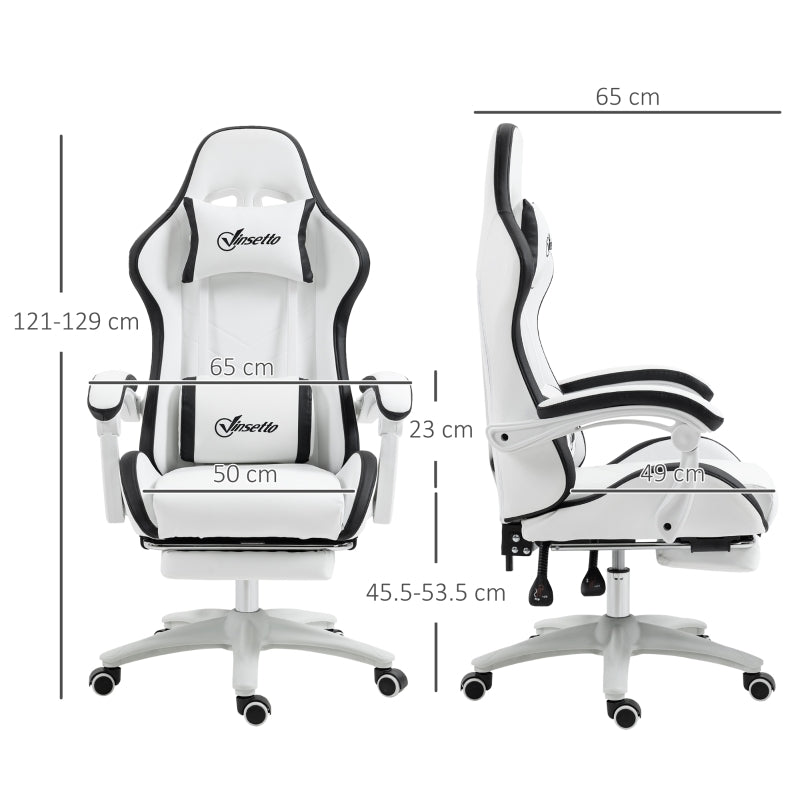 Computer Gaming Chair with Footrest, 135° Reclining Back, Lumbar Support, PU Leather White and Black