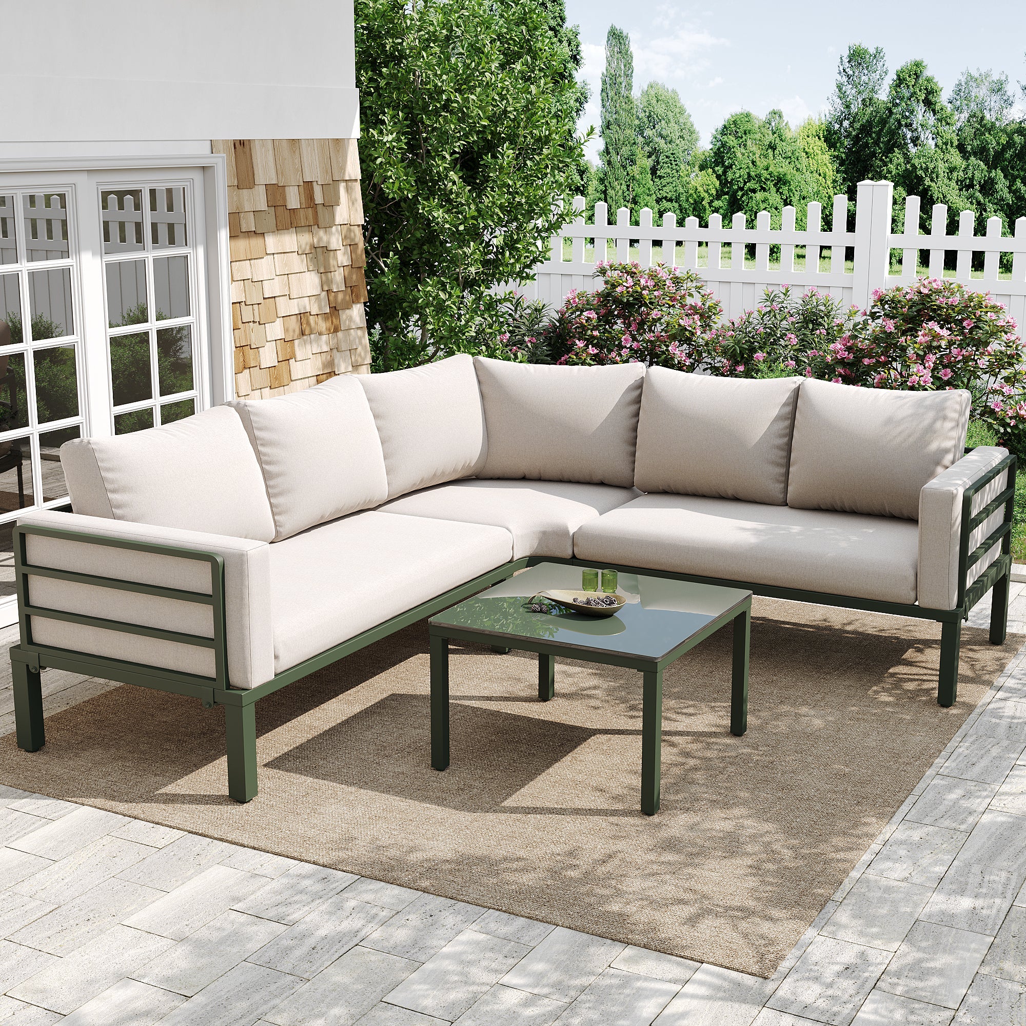 Garden Furniture Set with Tempered Glass Coffee Table and Adjustable Legs, Green Galvanized Iron Frame and Beige Cushions