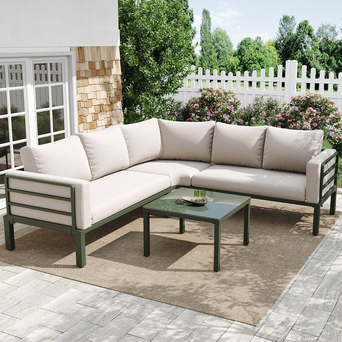 Garden Furniture Set 4-5 Seater with Tempered Glass Coffee Table Adjustable Legs - Green Iron/Beige Cushions