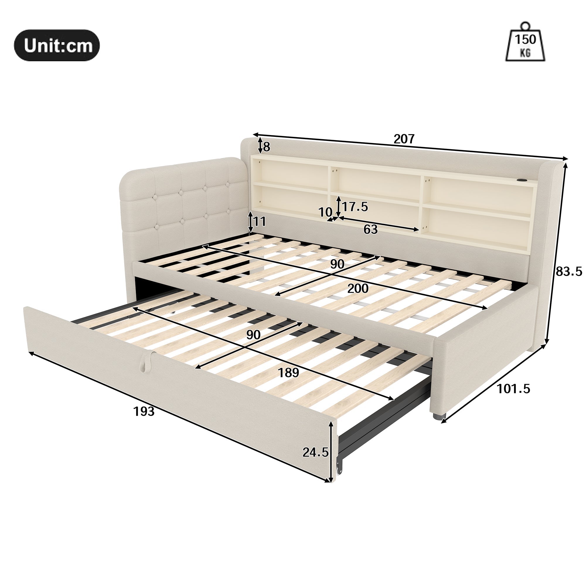 Daybed Sofa Bed 90x200cm Pull-out Bed USB/Type-C Storage Shelves - Linen Beige