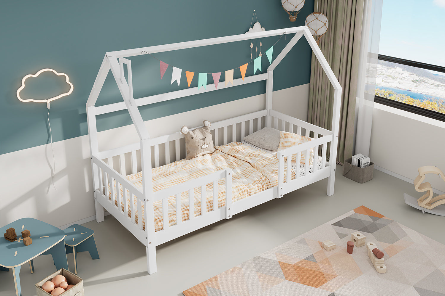 House Bed 90x200cm Chimney Slatted Base - White Pine Wood