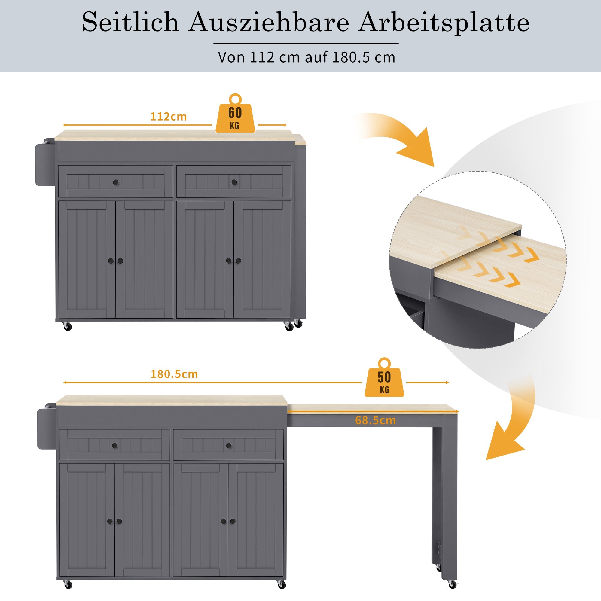 Kitchen Island, Extendable Dining Area Worktop & Drawers, Mobile Freestanding, Gray + Natural