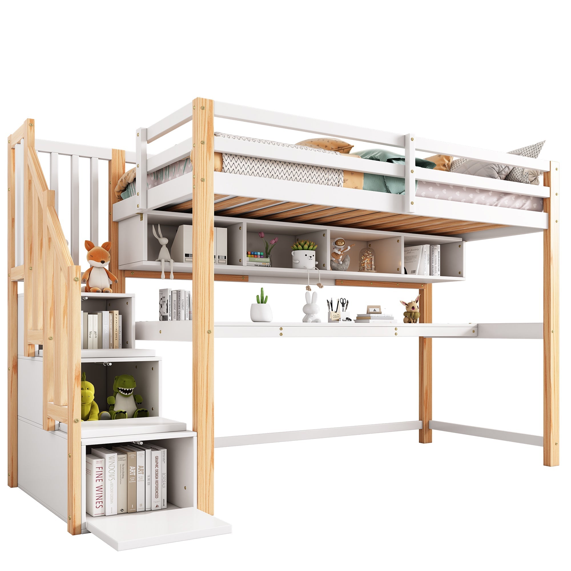 Wood House Bunk Bed, Children's Loft Bed with Storage Stairs, Desk, Shelves, Pine Wood, White + Natural