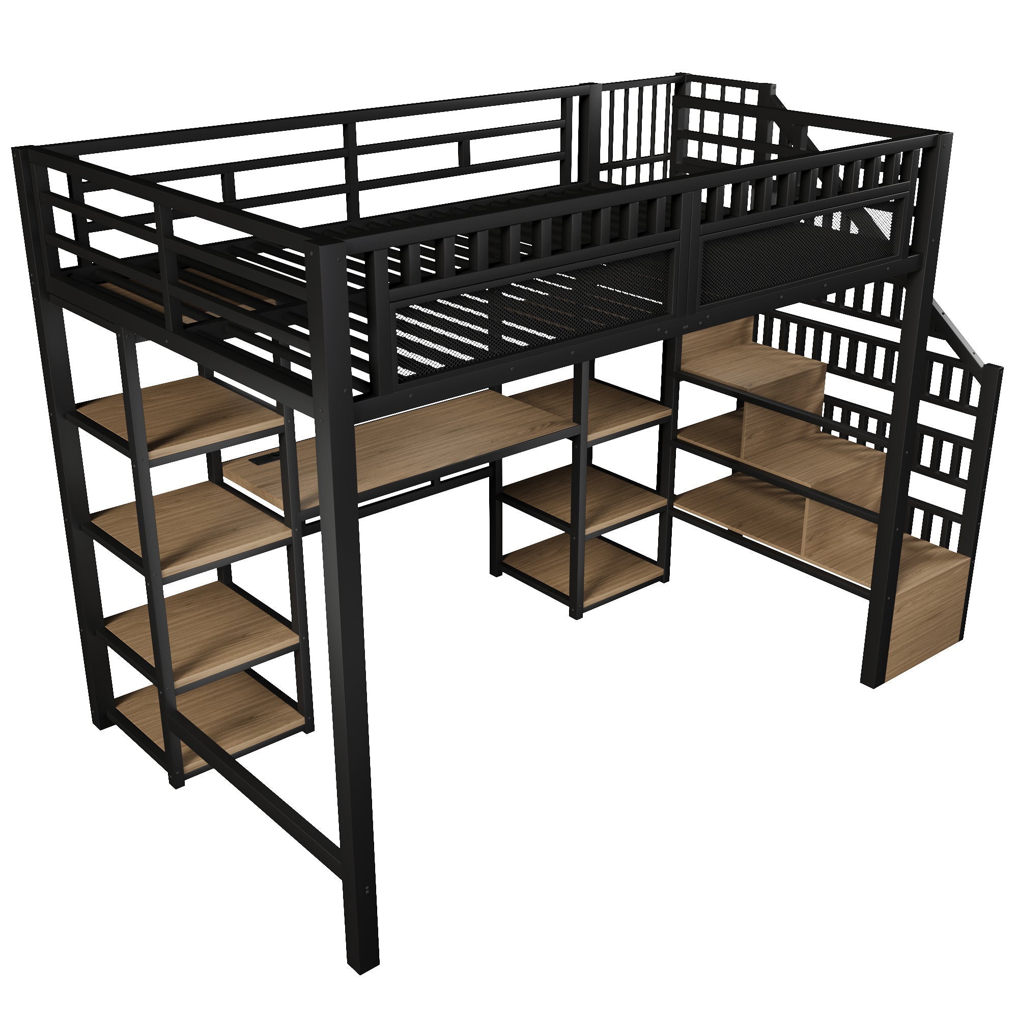 Loft Bed with Desk, Storage Ladder and LED Strip, Black Iron Frame