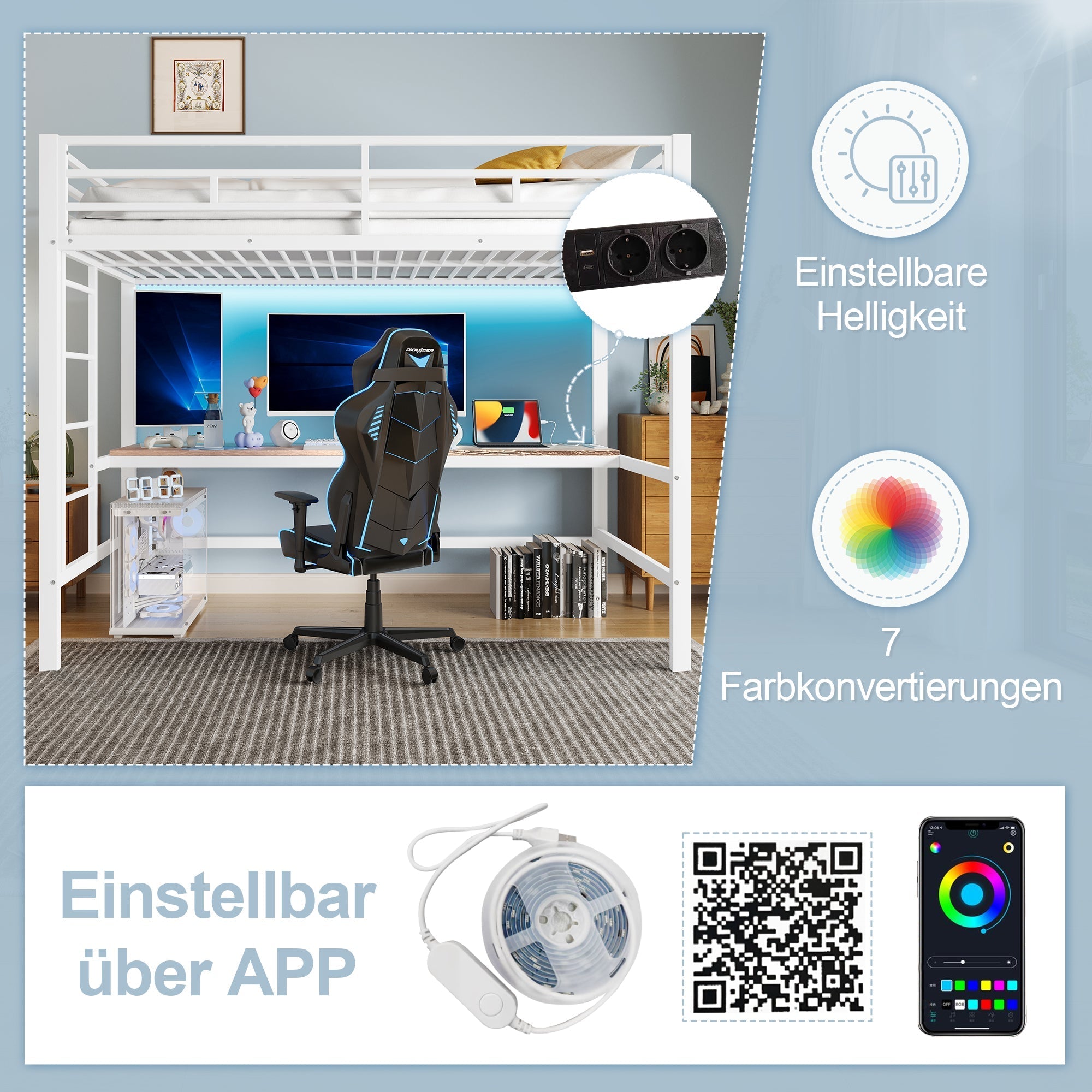 Loft Bed with Desk, USB Ports and LED Light Strip, White Metal