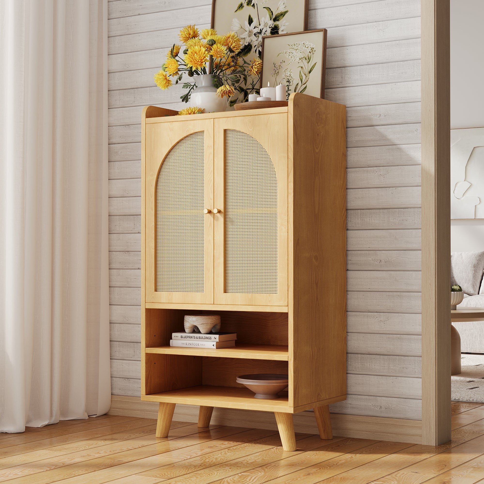 Rattan Sideboard Highboard with 2 Doors and Open Storage Rattan