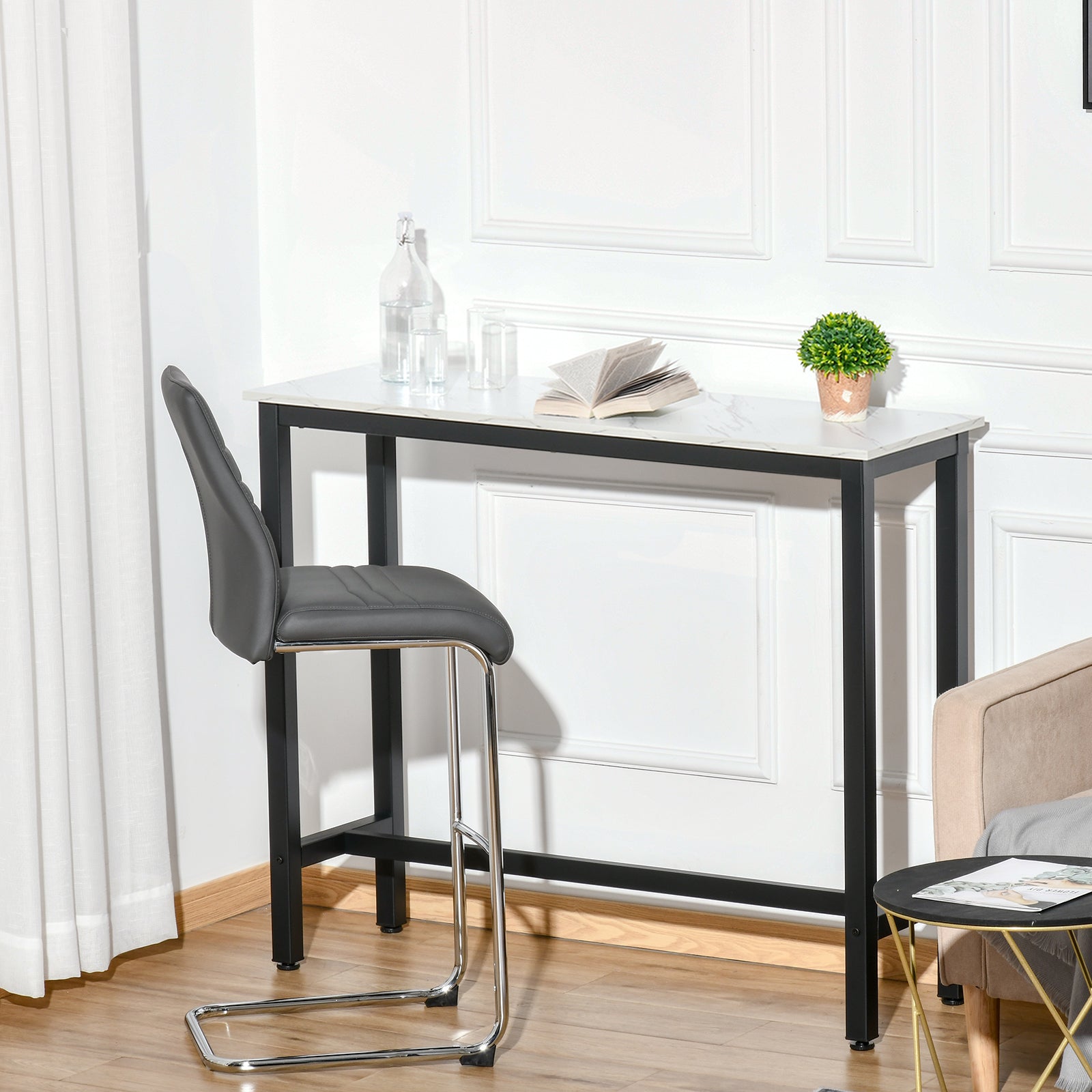 Bar Table, Adjustable Feet, Marble Look, White+Black