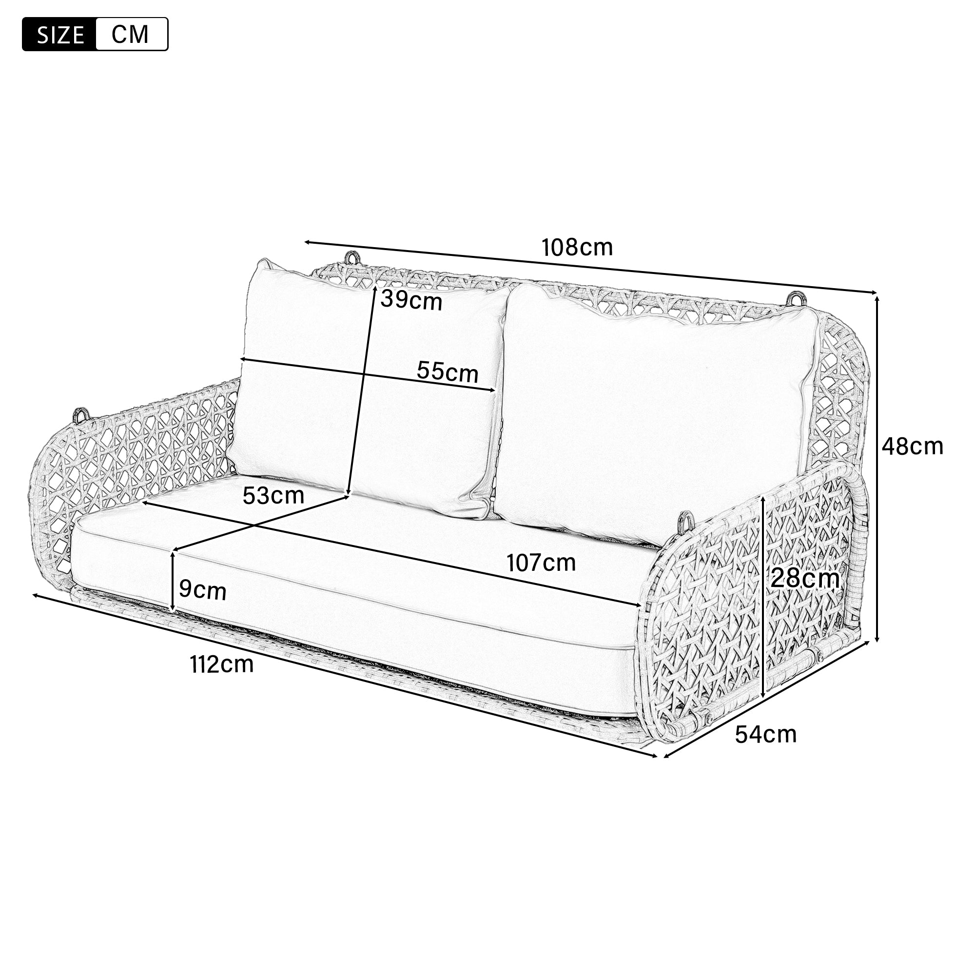 PE Rattan Double Swing Seat with Cushions and Chains, Grey