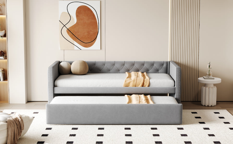 Extendable Sofa Bed with Slatted Base and Guest Bed Function, 90x200cm, Light Grey Velvet