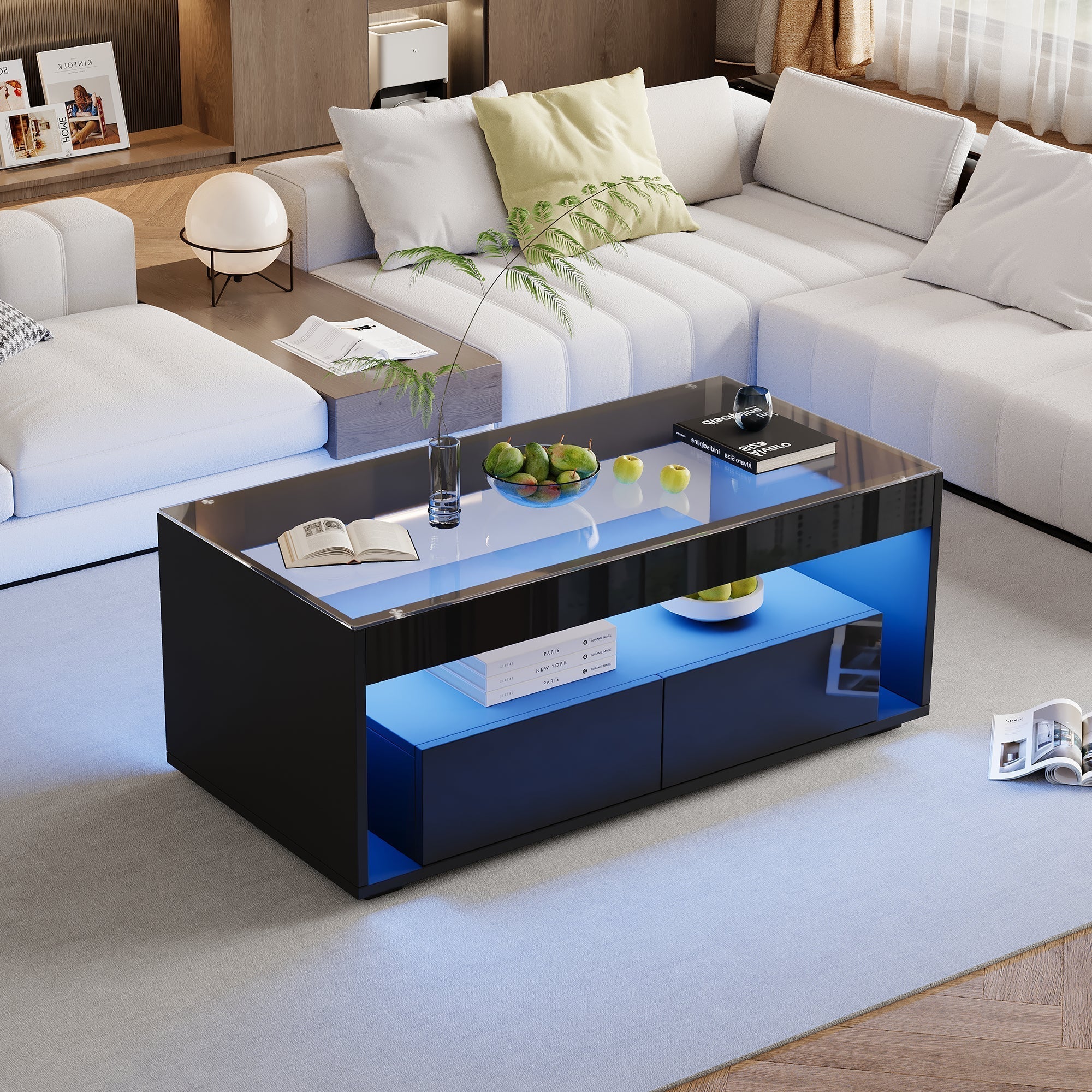 Modern Coffee Table, 16-Color LED Light, 2 Large Drawers, High Gloss, Black