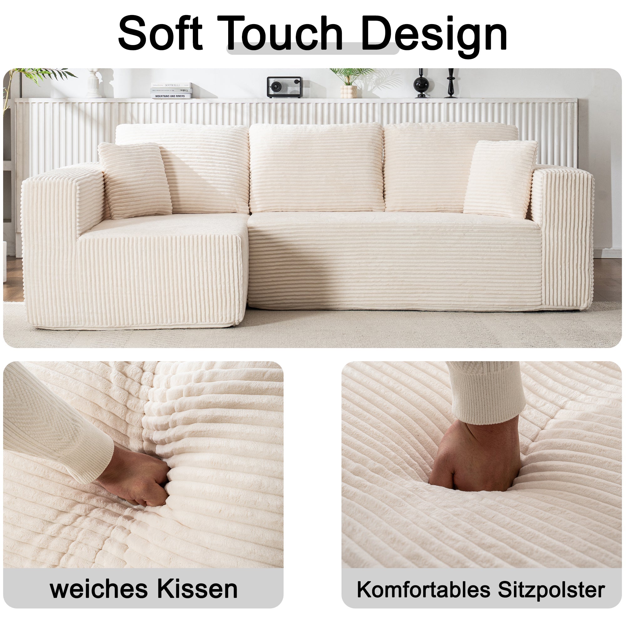 L-Shaped Cloud Sofa, Modern Modular Chaise Lounge, No Assembly, Core Fabric