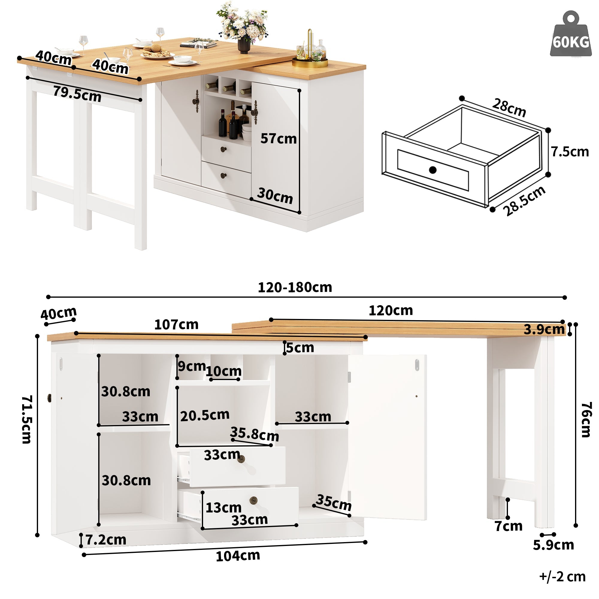 Extendable Bar Table with 360 Swivel and Storage, 120-180cm, White and Black