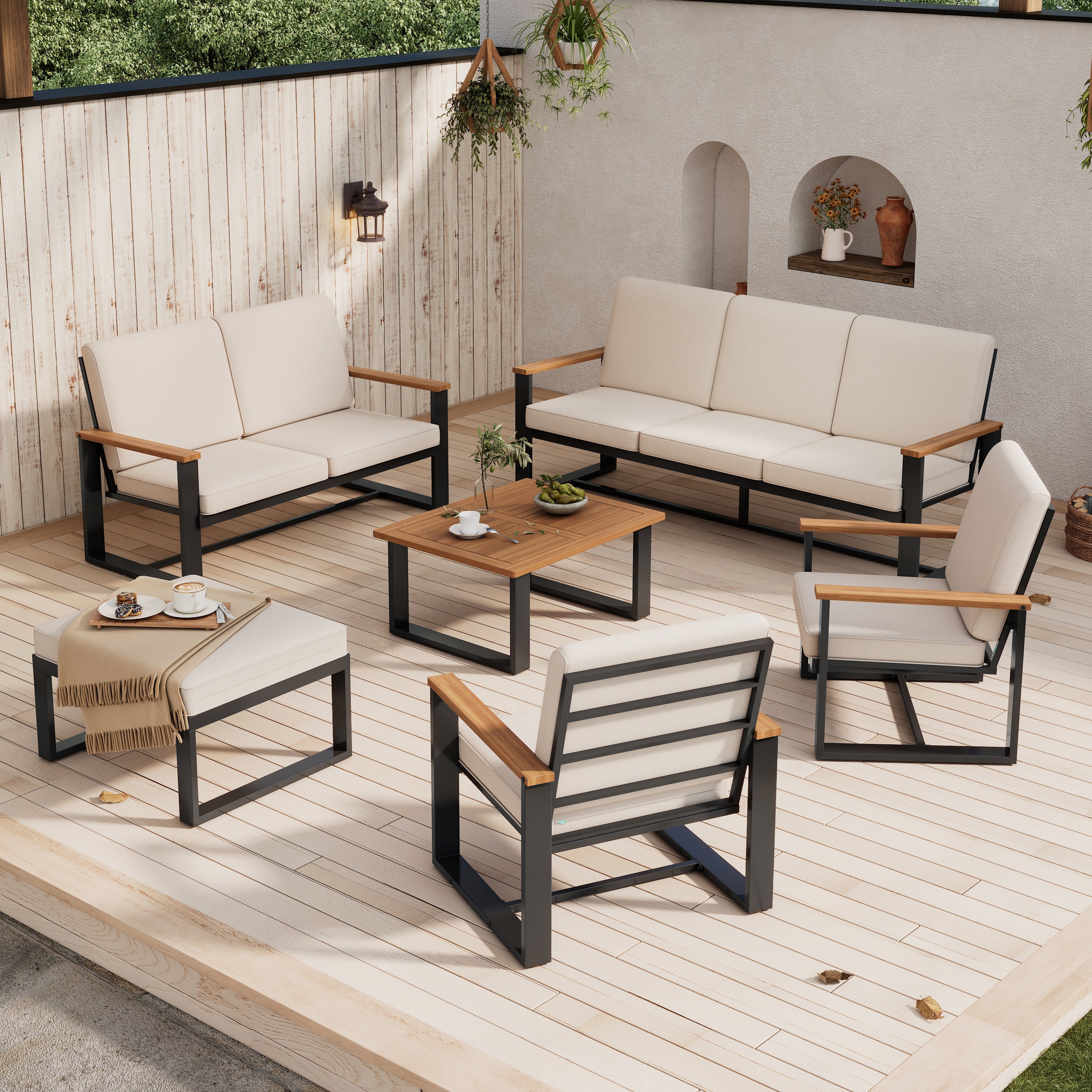 Garden Furniture Set with 1 3-Seater Sofa, 1 2-Seater Sofa, 2 1-Seater Sofas, Coffee Table and Footstool, Beige Galvanized Steel and Acacia Wood