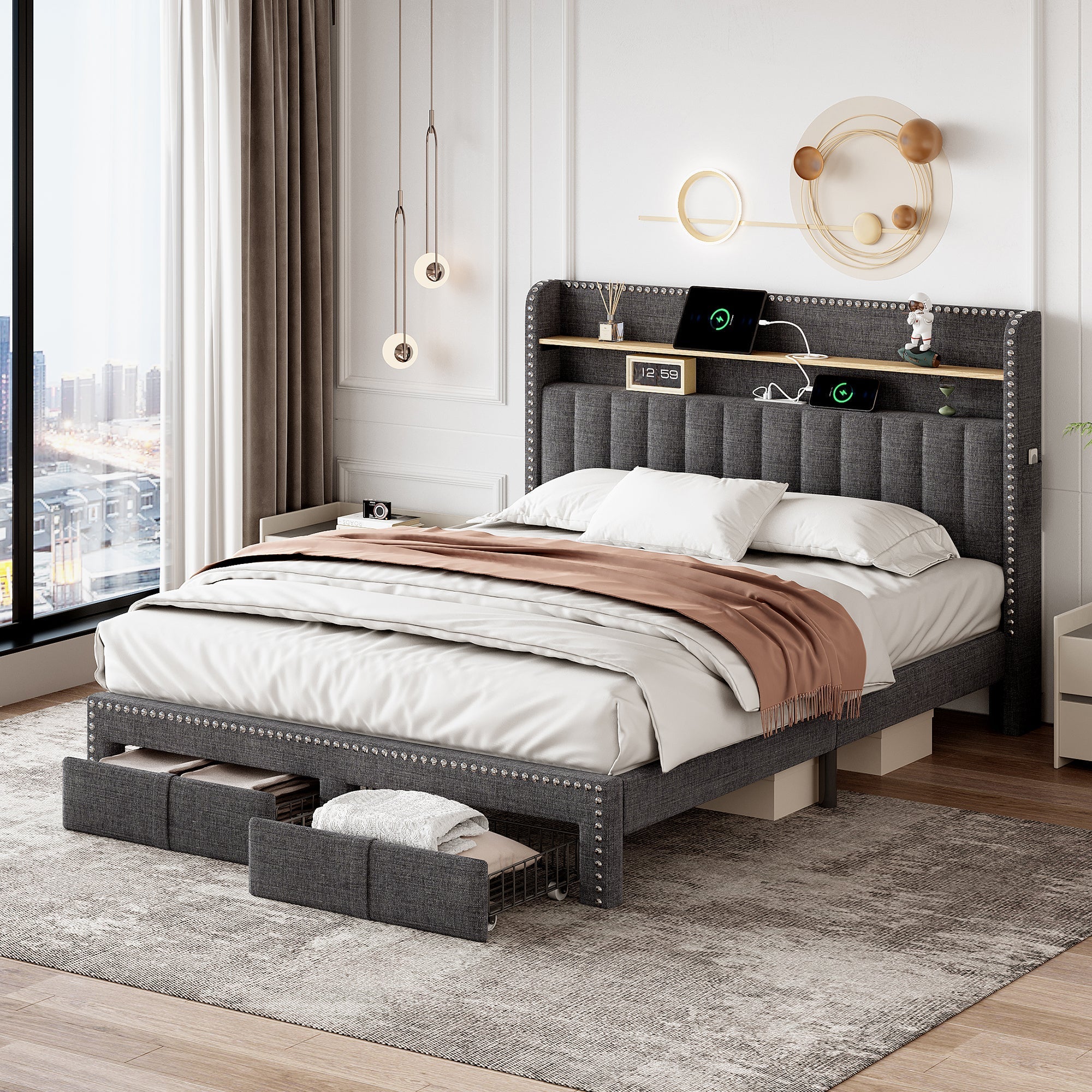 4ft6 Double Upholstered Bed with 2 Storage Drawers, Riveted, Charging & Lighting, Linen Platform, Grey
