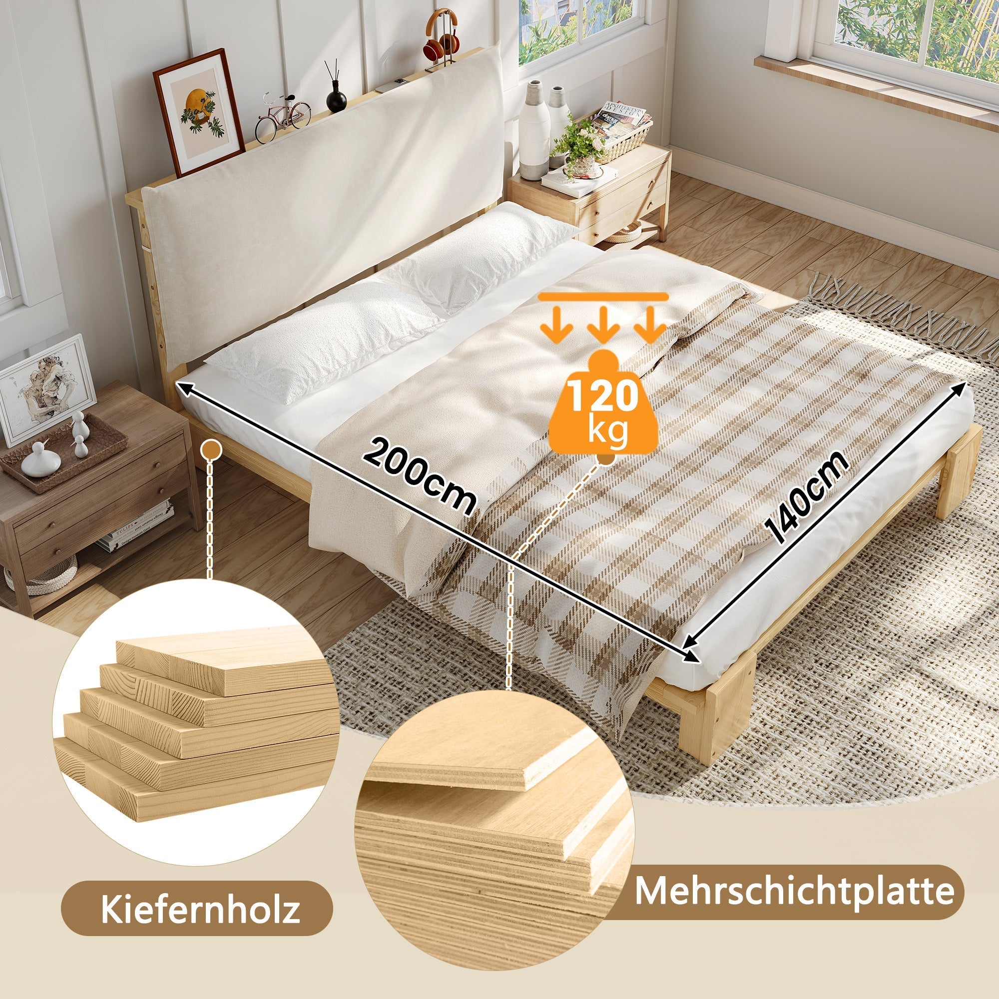 Upholstered Bed with Padded Headboard and Sturdy Slatted Base, 140x200cm, Natural Pine