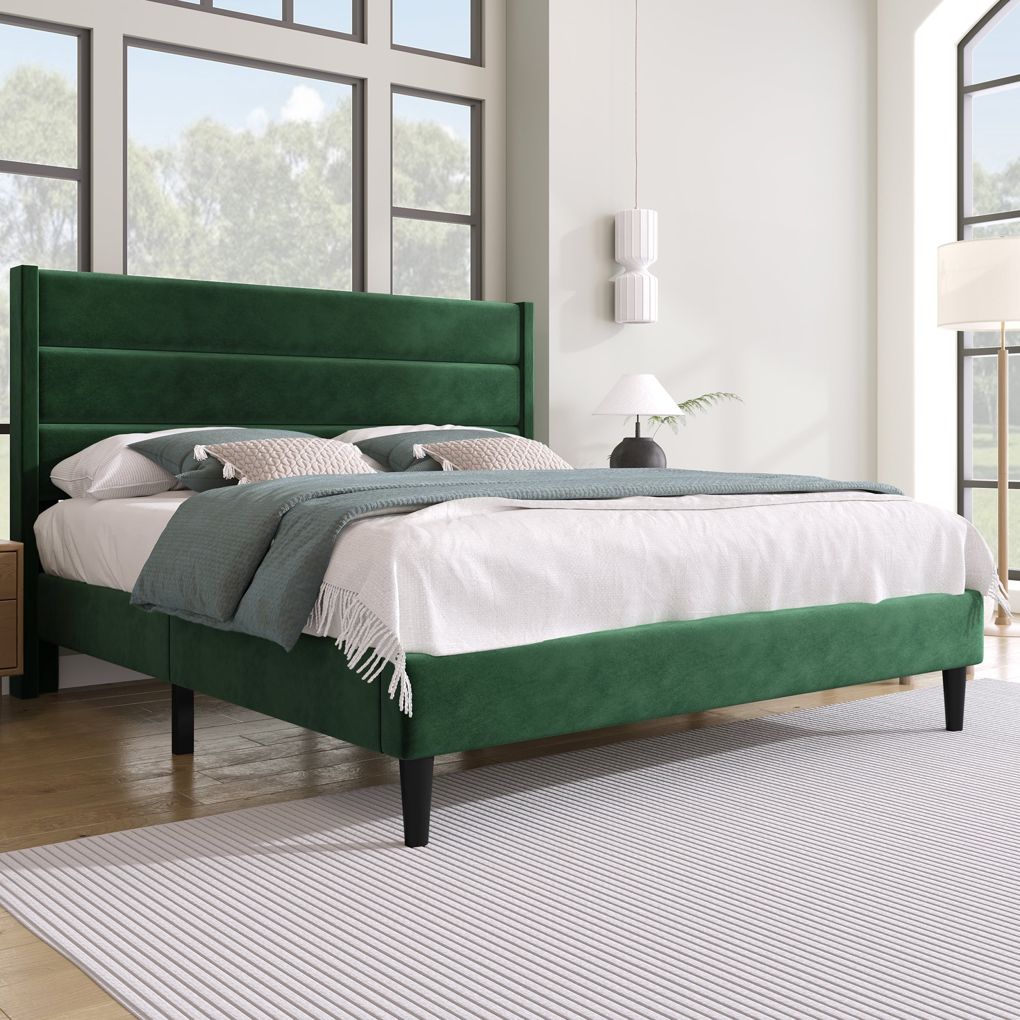 Upholstered Bed 140x200cm with Headboard, Dark Green Velvet