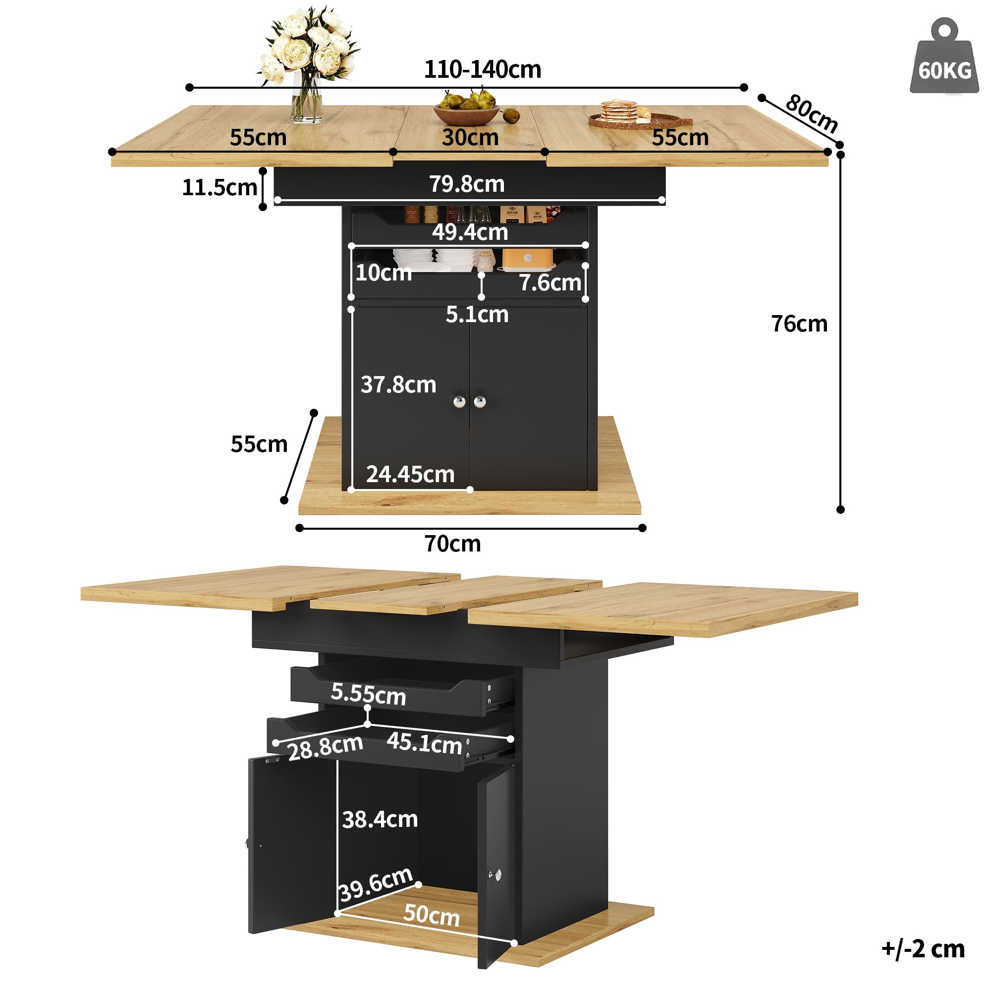 Telescopic Dining Table, Extendable Foldable 4-6 Person Storage, MDF Metal