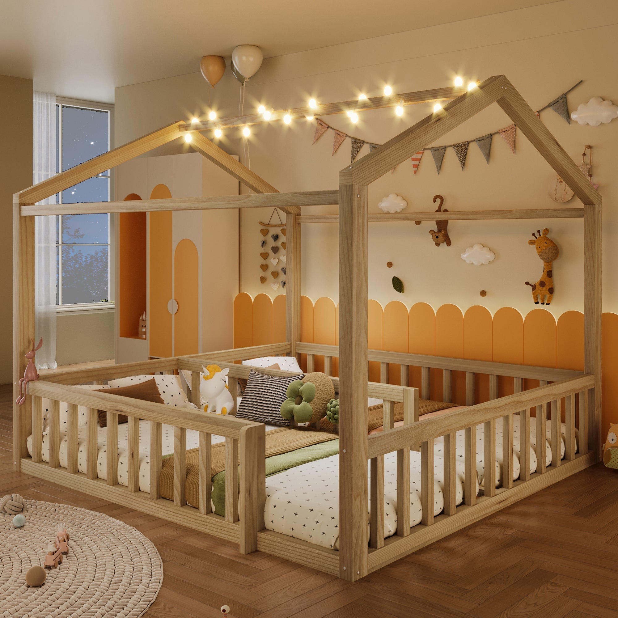 Children's Flatbed Expandable 90/180x190cm House Railing LED Pine Wood Natural