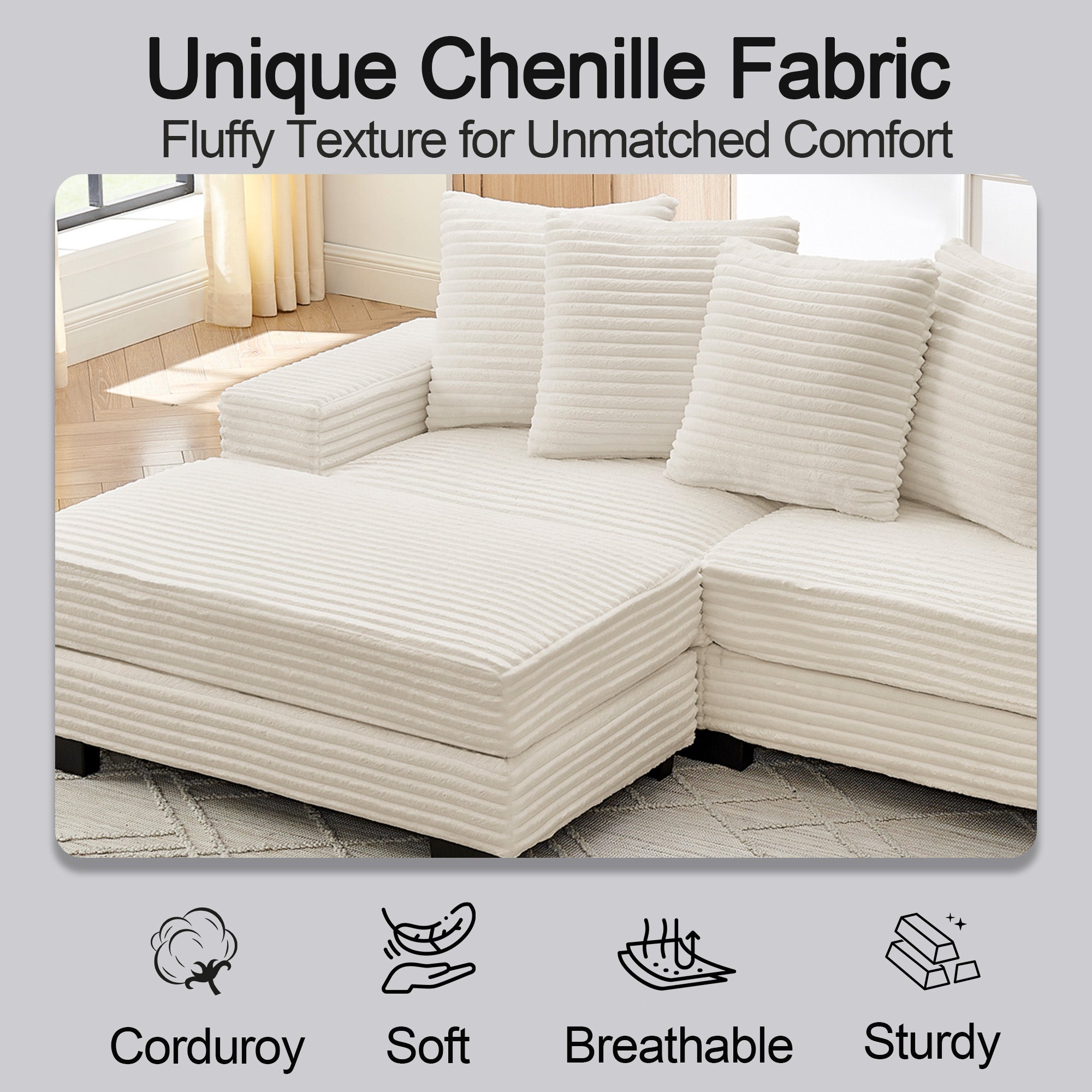 L-shaped Corner Sofa, 4-Seater Modular with 6 Cushions, Beige Corduroy