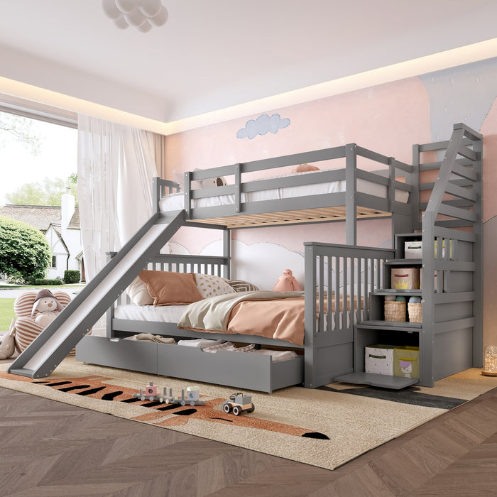 Bunk Bed 90x200 Over 140x200 With Storage Drawers & Slide Grey