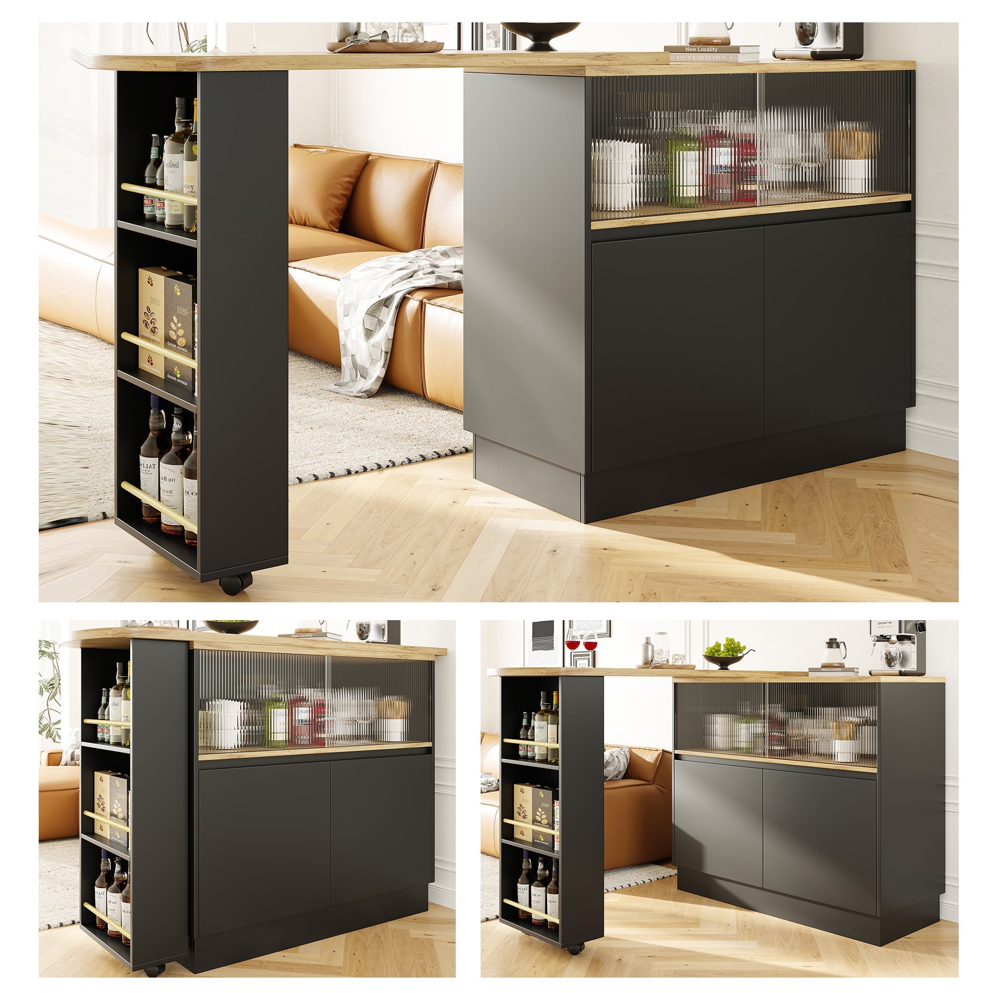 360° Rotating Dining Bar Sideboard with Shelves & Glass