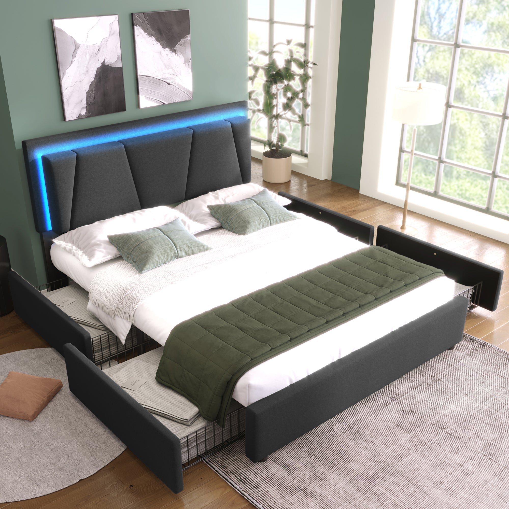 Upholstered Bed with LED Lighting, 4 Drawers, Height-Adjustable Headboard, Gray