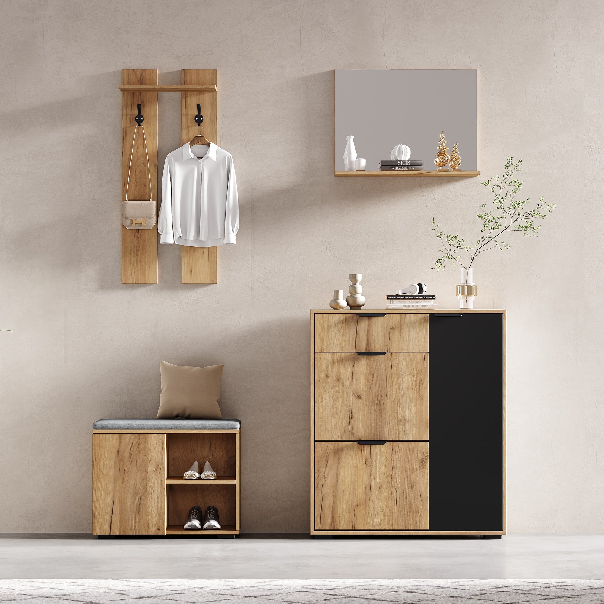 Hallway Wardrobe Set Wall-Mounted with Shoe Bench Shoe Cabinet Mirror Natural and Black