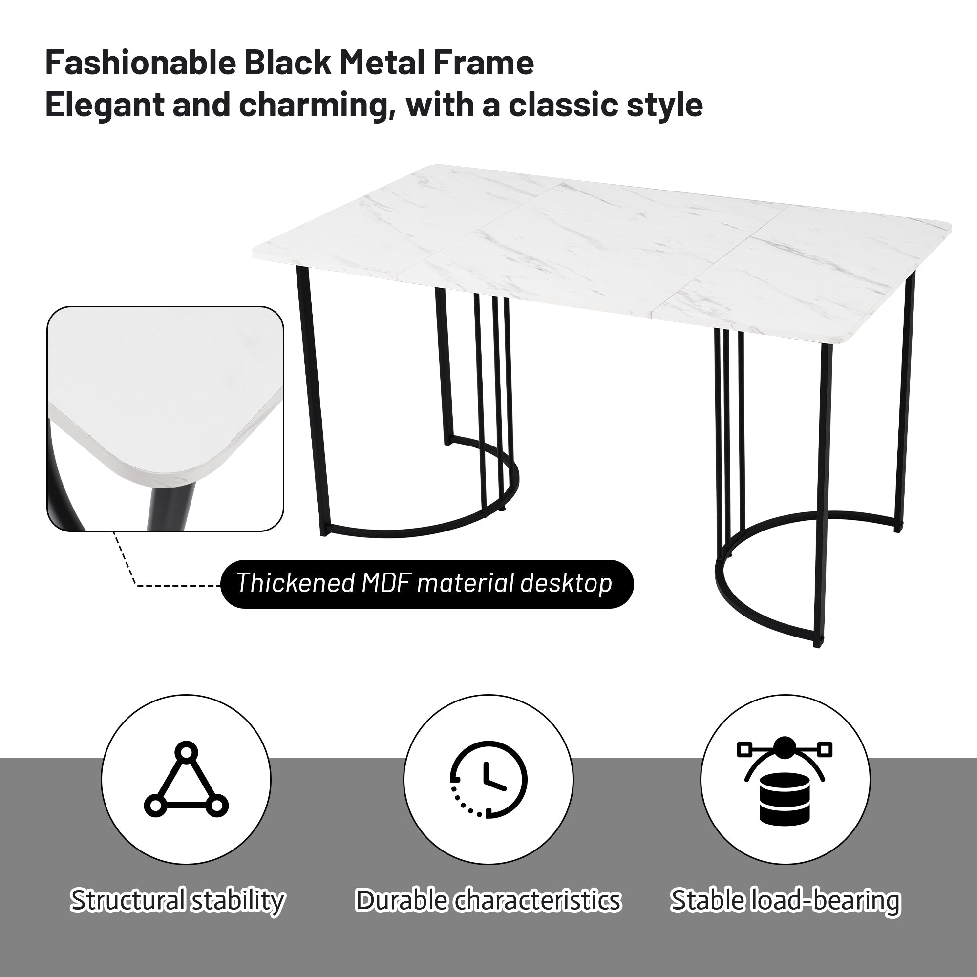 Dining Table, Modern Kitchen Table, Metal Frame Rectangular Dining Table in Modern Marble Pattern, White/Black