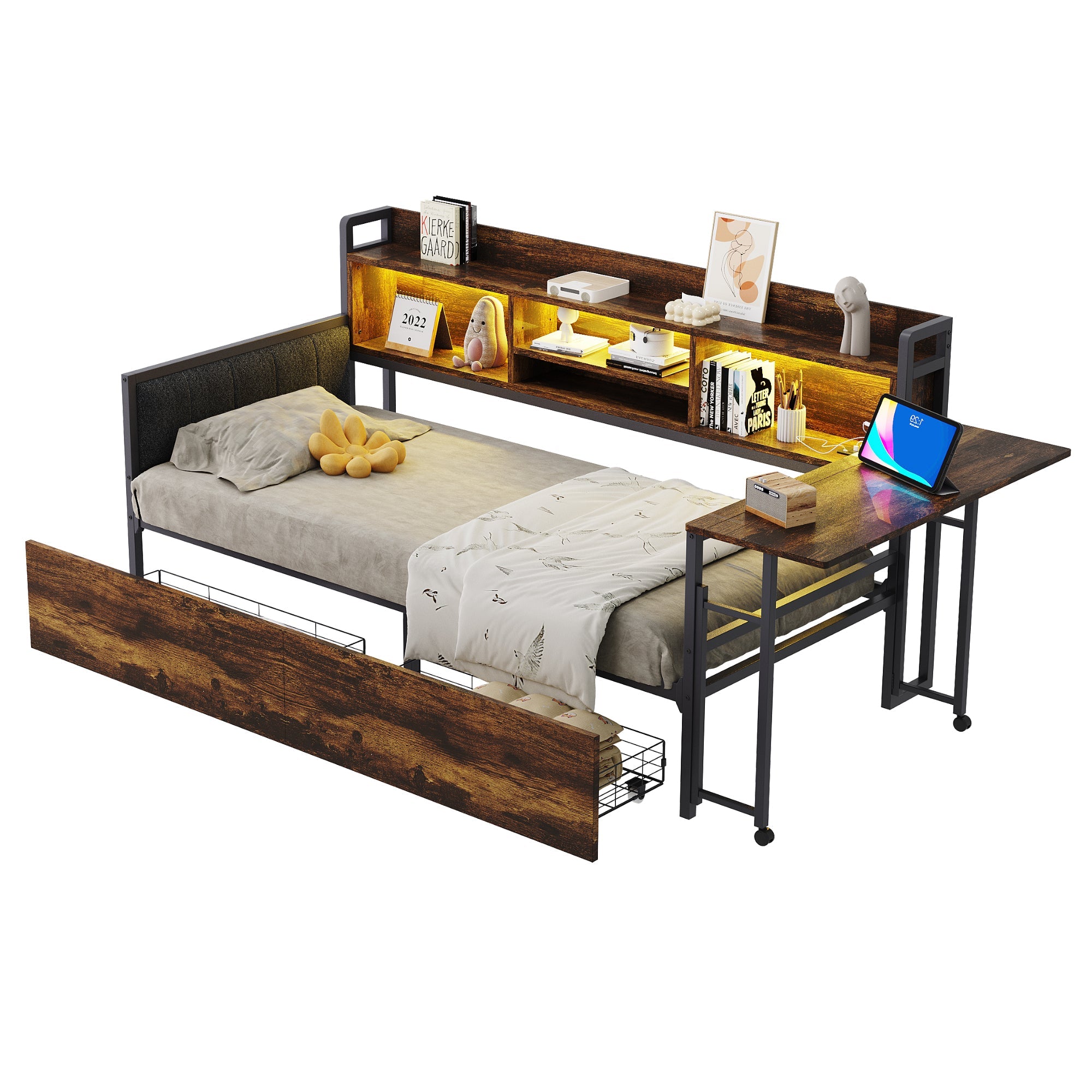 Iron Sofa Bed 90x200cm LED Storage Drawers Fold-Out Desk, Wood Color