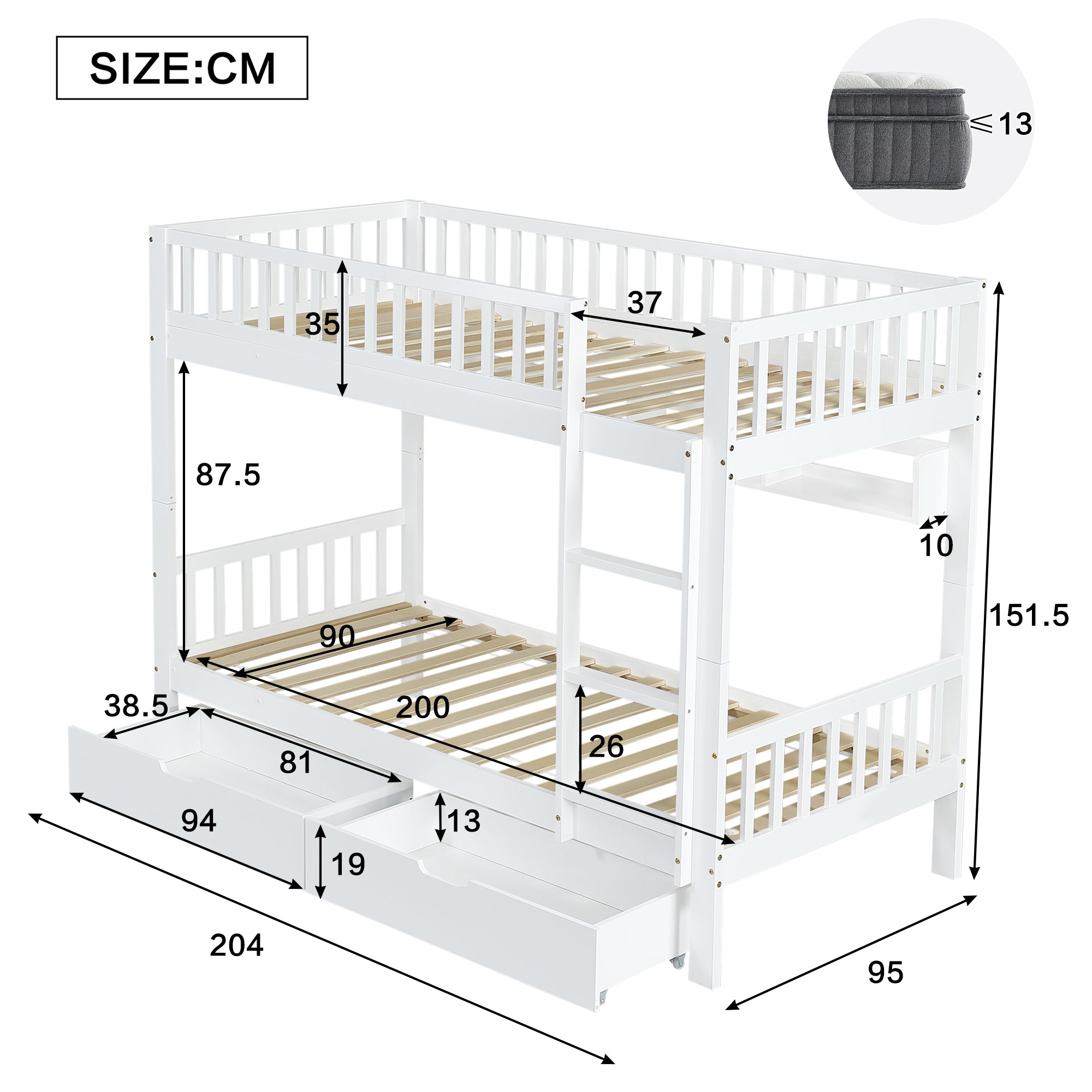 [31911901WAA] Bunk Bed Safety Rail Storage Ladder 90x200cm Pine Wood White