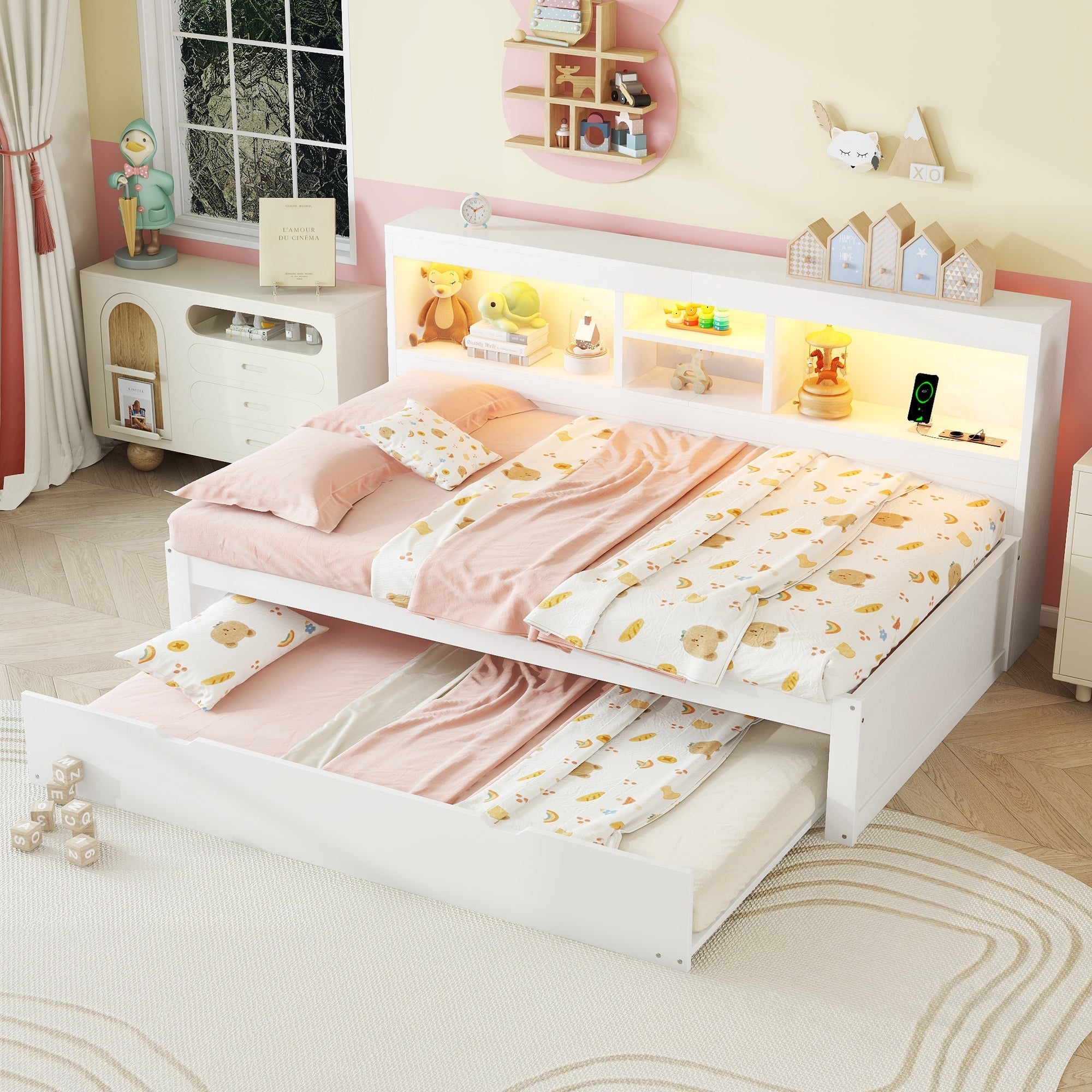 Daybed Sofa Bed 90x200cm Pull-out LED Storage USB/Power - White