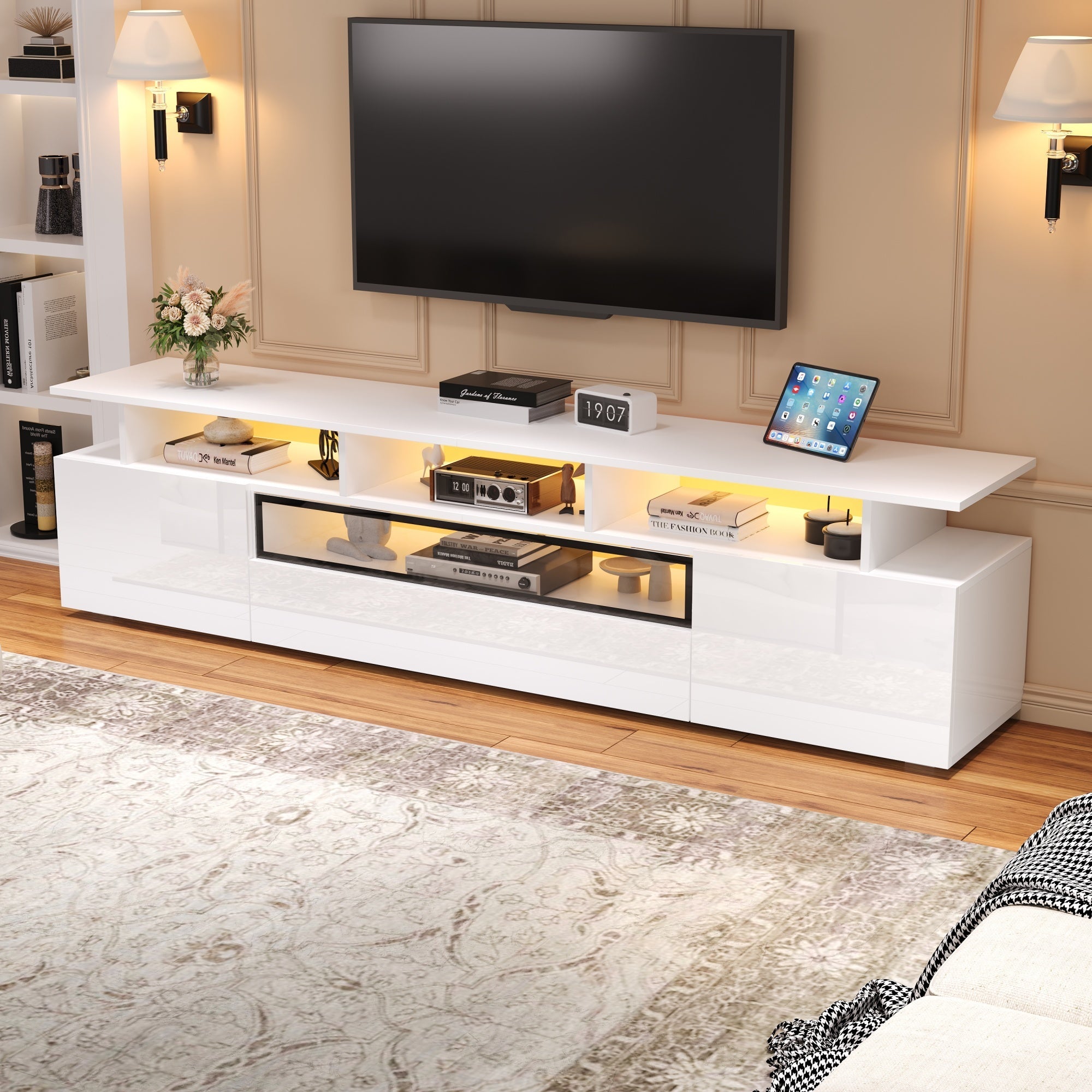 TV Cabinet, 180x38x45cm High-Gloss with 2 Cabinets, 1 Drawer, LED, for 75-inch TVs