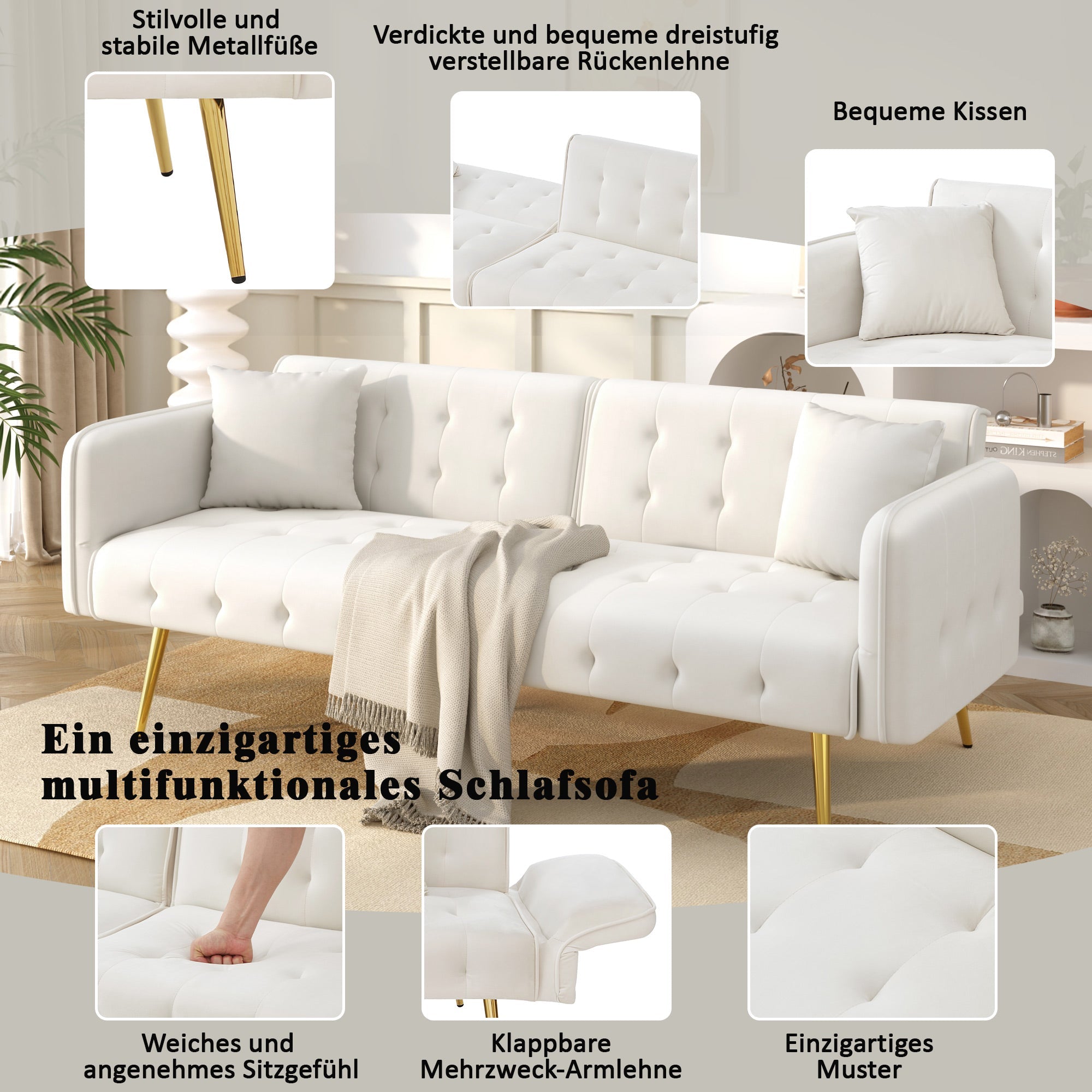 Sofa Bed, Two-Seater Multifunctional Folding with Adjustable Backrest & Armrests, Velour