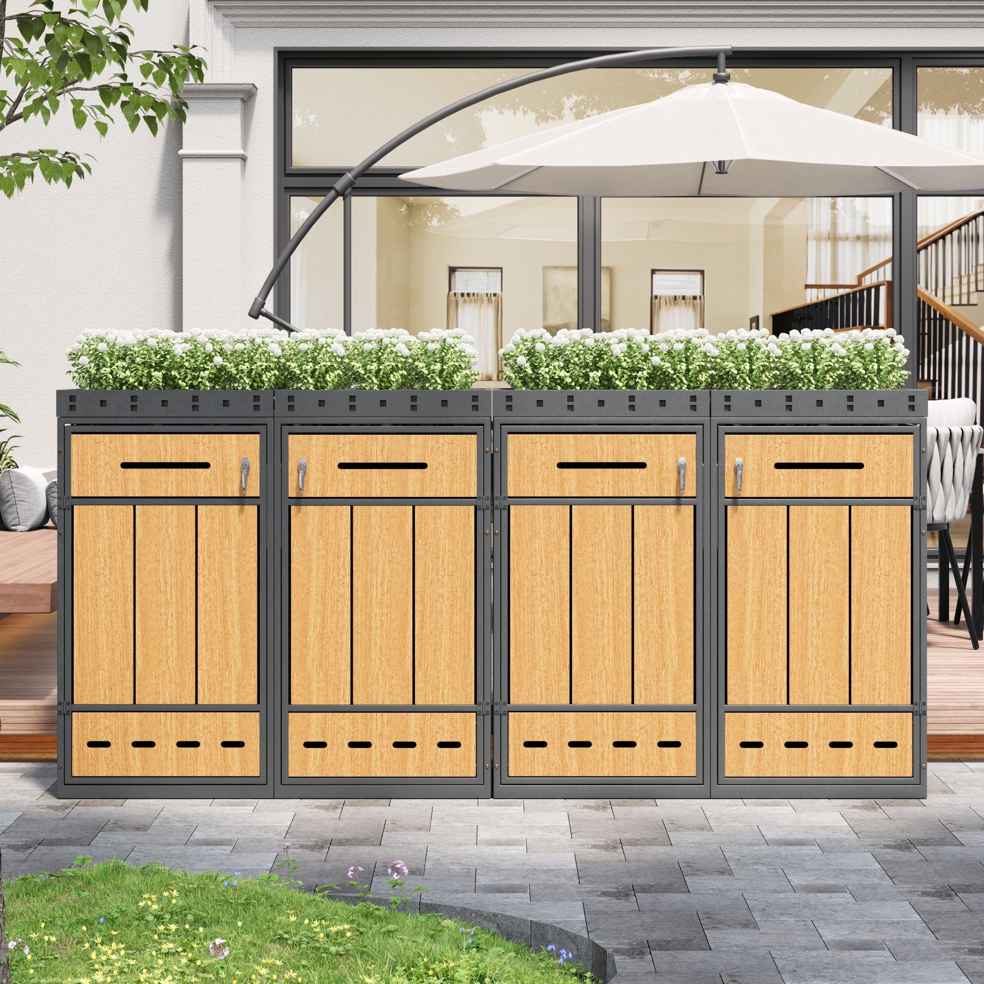Bin Storage Unit with Green Roof for Four 120-240L Bins, Anthracite Wood-Look