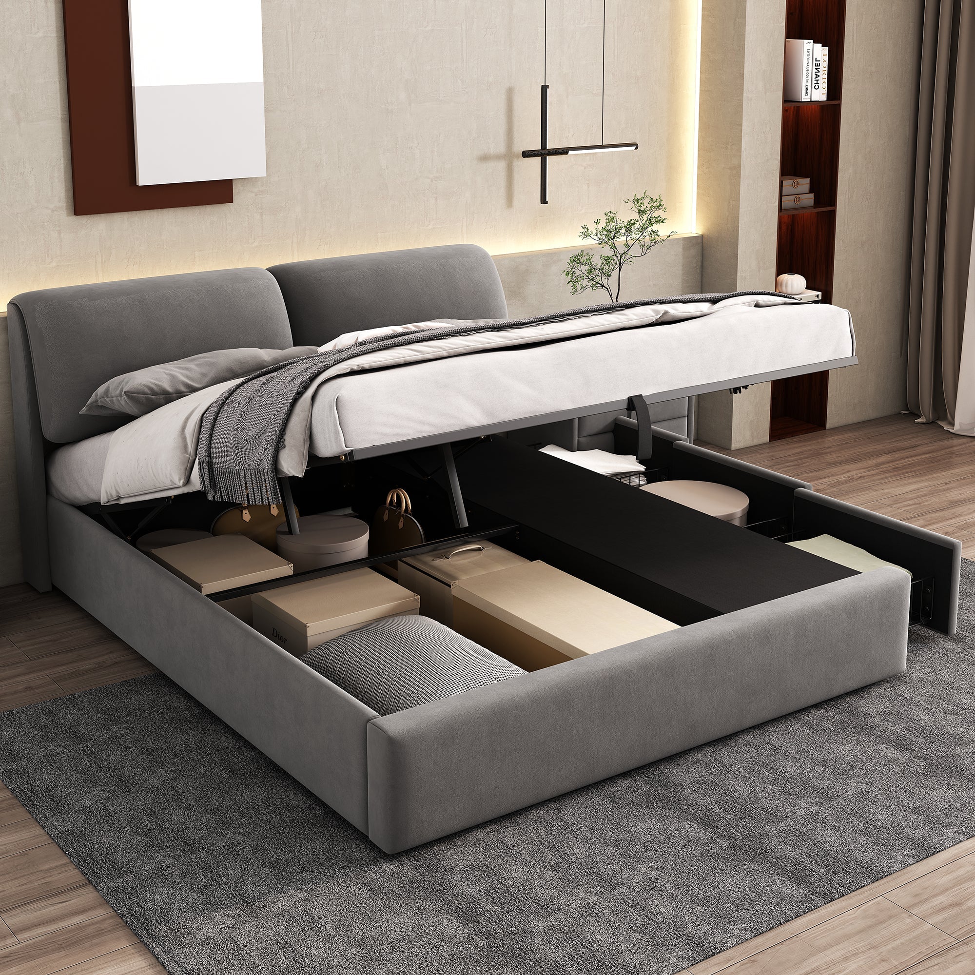 Upholstered Bed with Hydraulic Storage and Three Drawers, 160x200cm, Grey Velvet