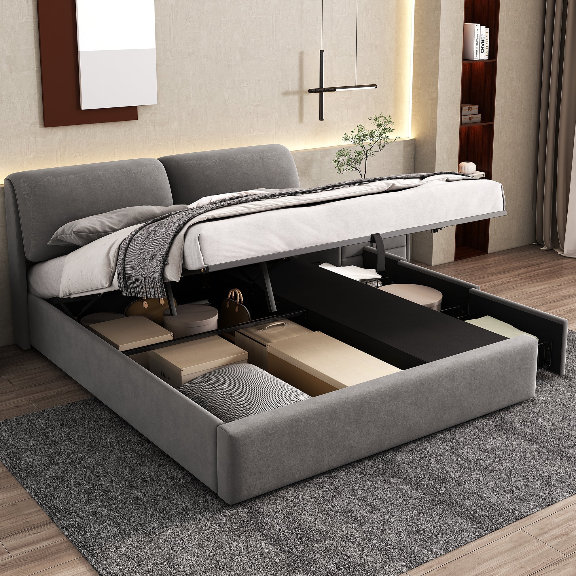 Upholstered Bed with Hydraulic Lift, 3 Drawers and Storage, 180x200cm, Grey Velvet