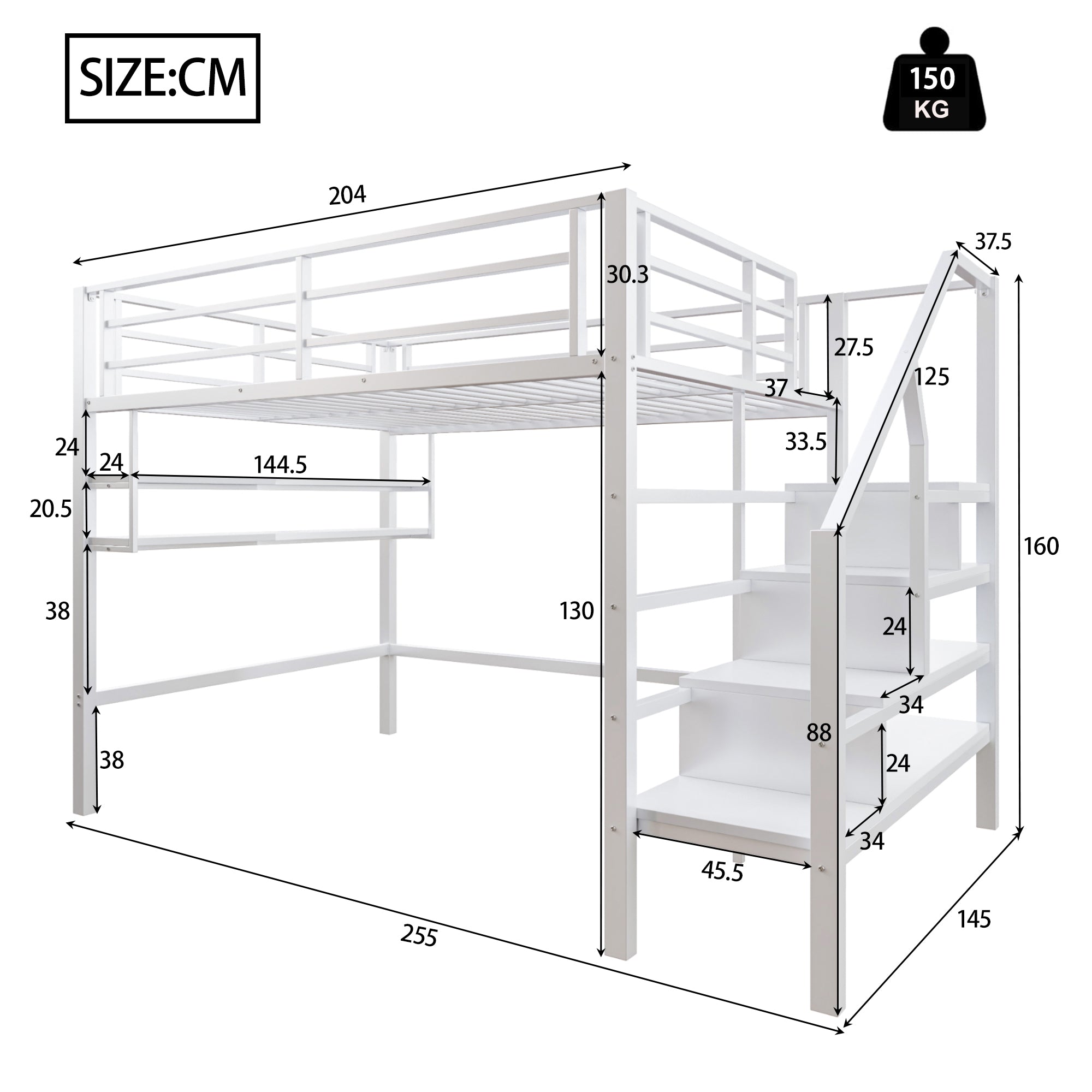 Loft Bed with Storage Ladder and Shelves, 140x200cm, White
