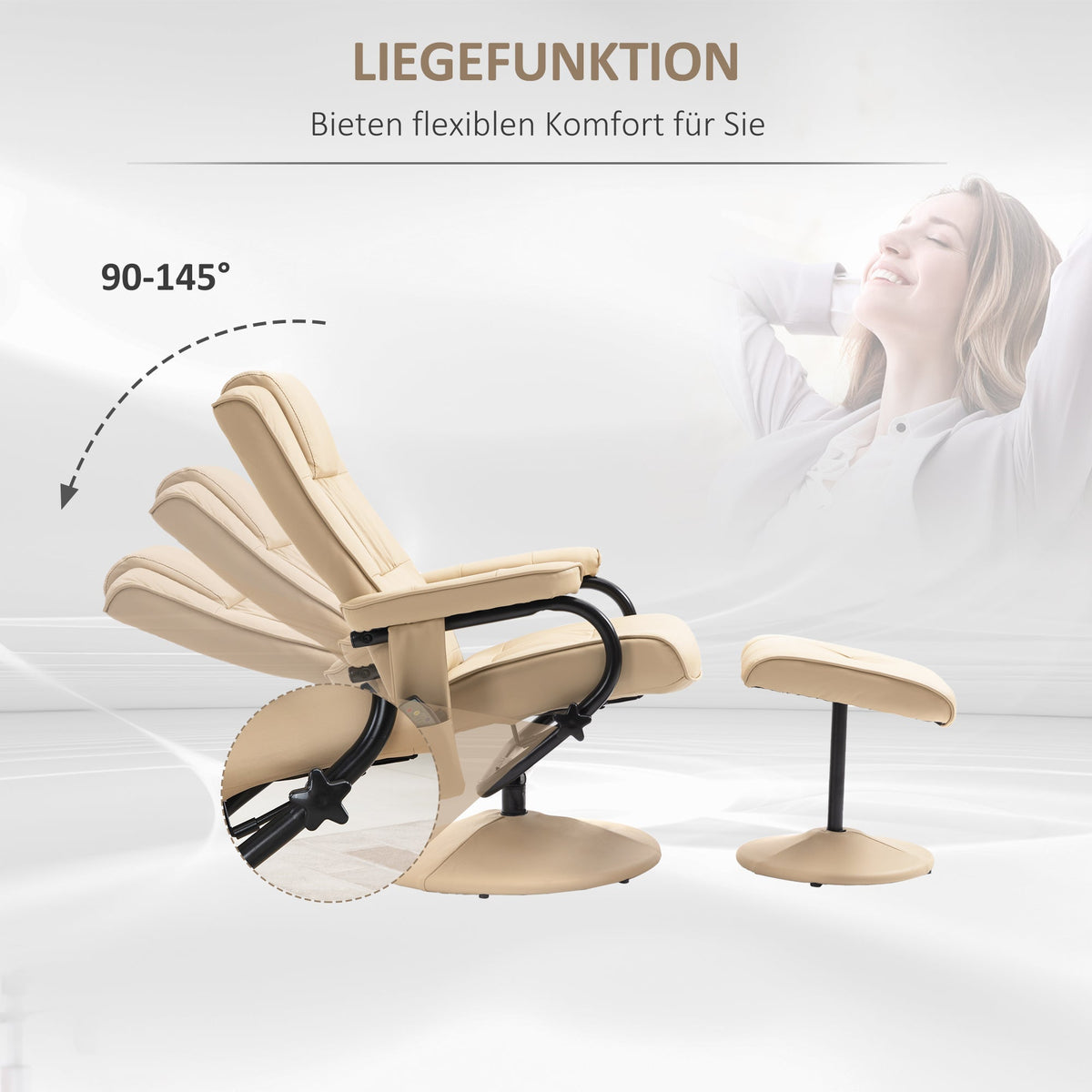 Reclining Massage TV Chair & Footstool, Faux Leather, Cream White