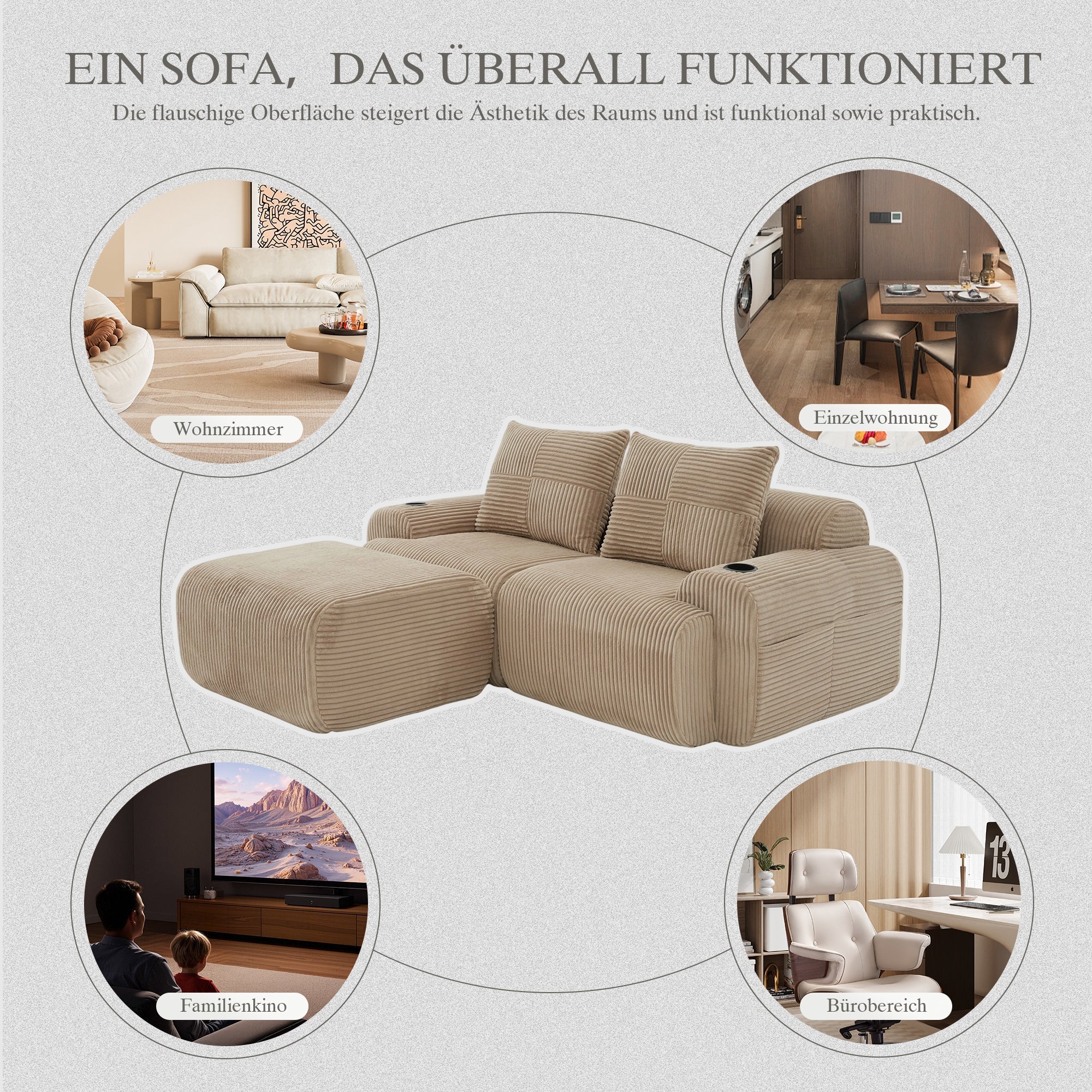 Modular Corduroy Sofa with Ottomans, Cup Holder and Side Pocket, Khaki