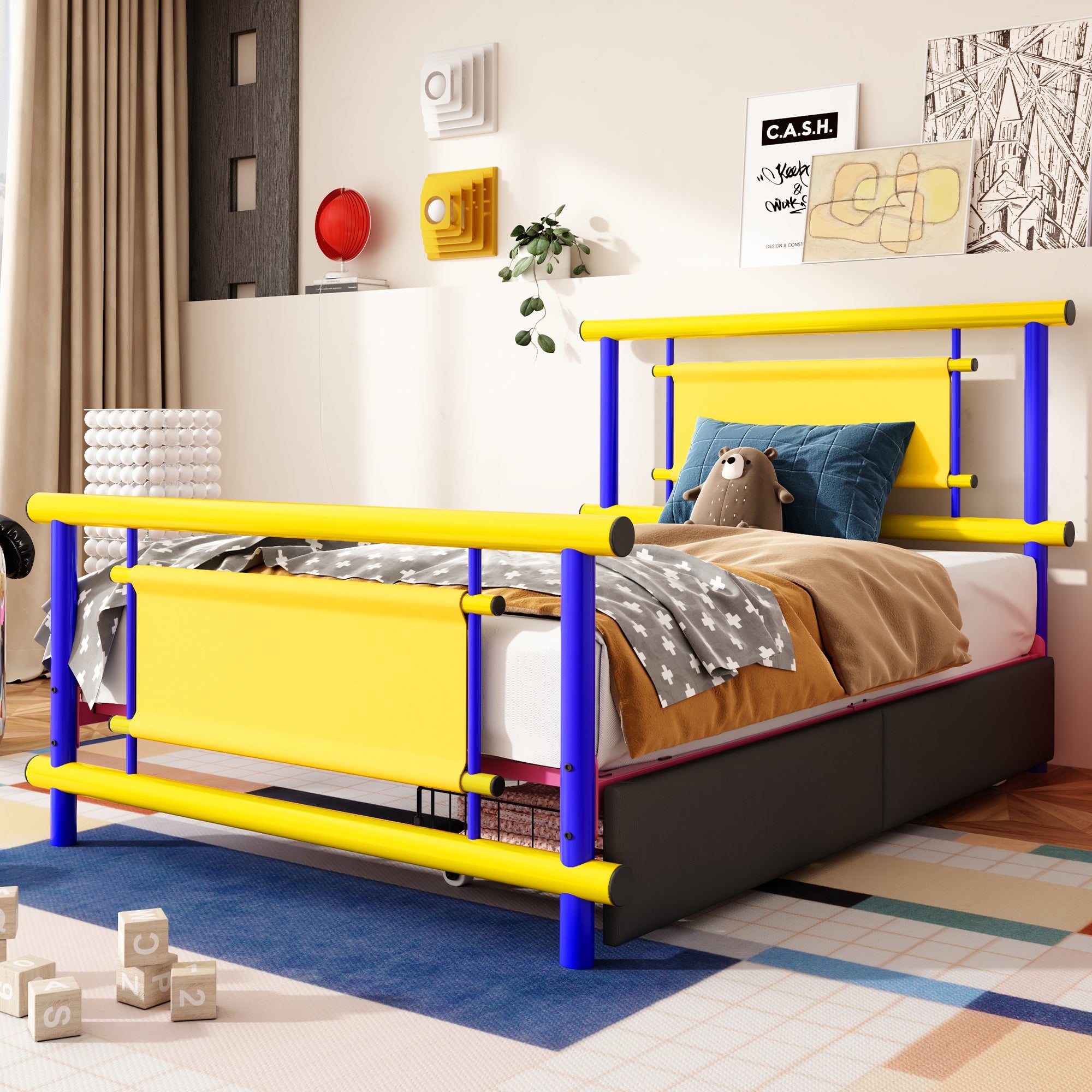 Metal Bed Frame for Children with Drawers, 90x200cm Space-Saving Platform Bed, Steel Construction