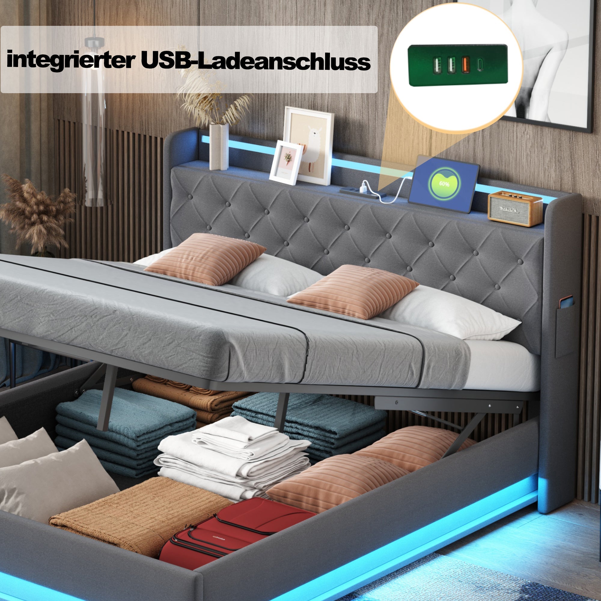 LED Upholstered Bed, USB Charging & Hydraulic Storage, Linen Fabric Gray