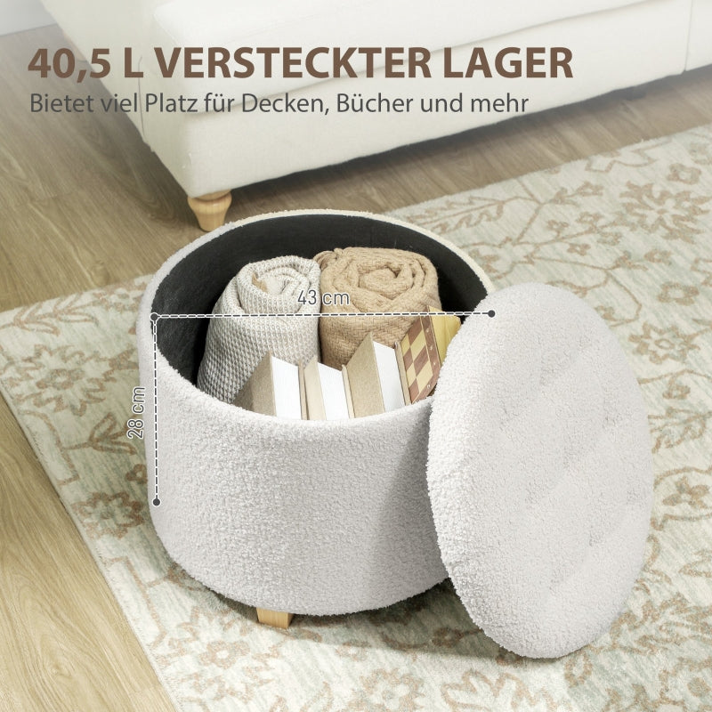 Stool with Storage Space, Round Footstool, Wooden Legs, White