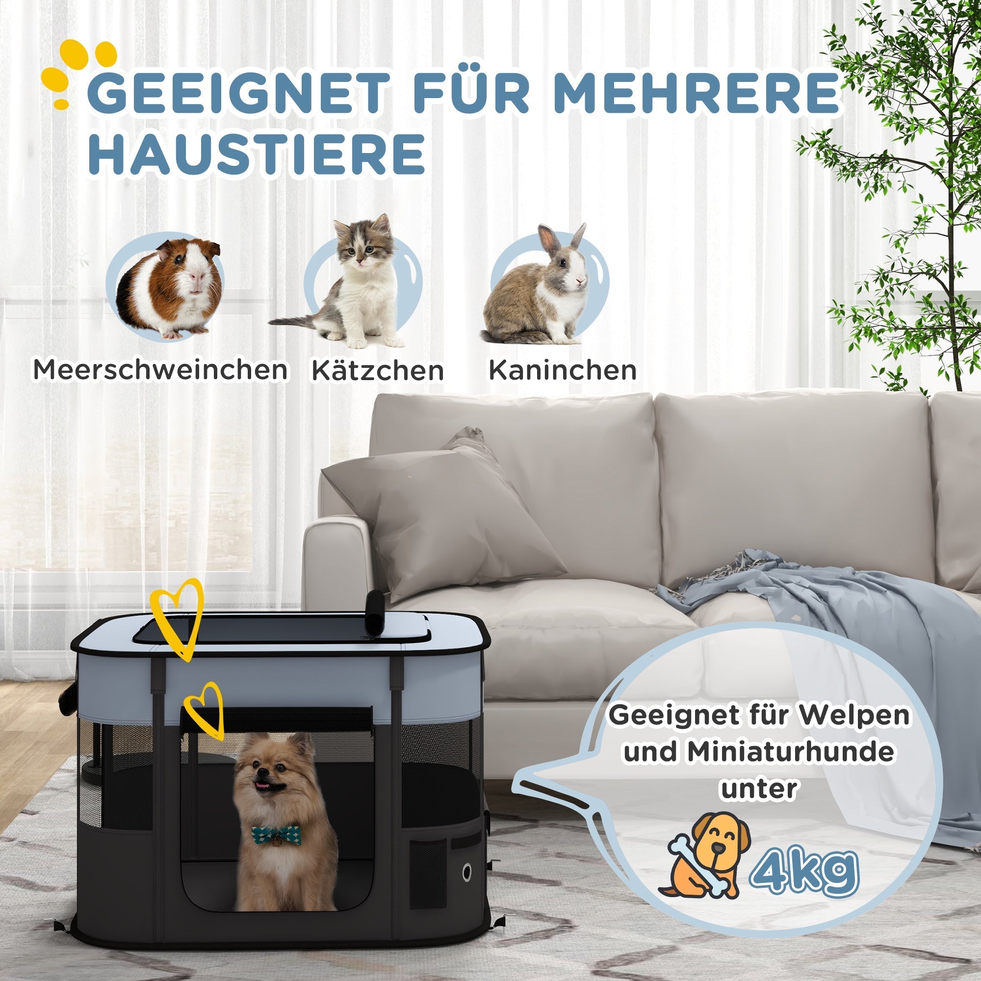 Puppy Playpen Foldable with Doors, Windows, Breathable Mesh, 74x60x45cm Grey