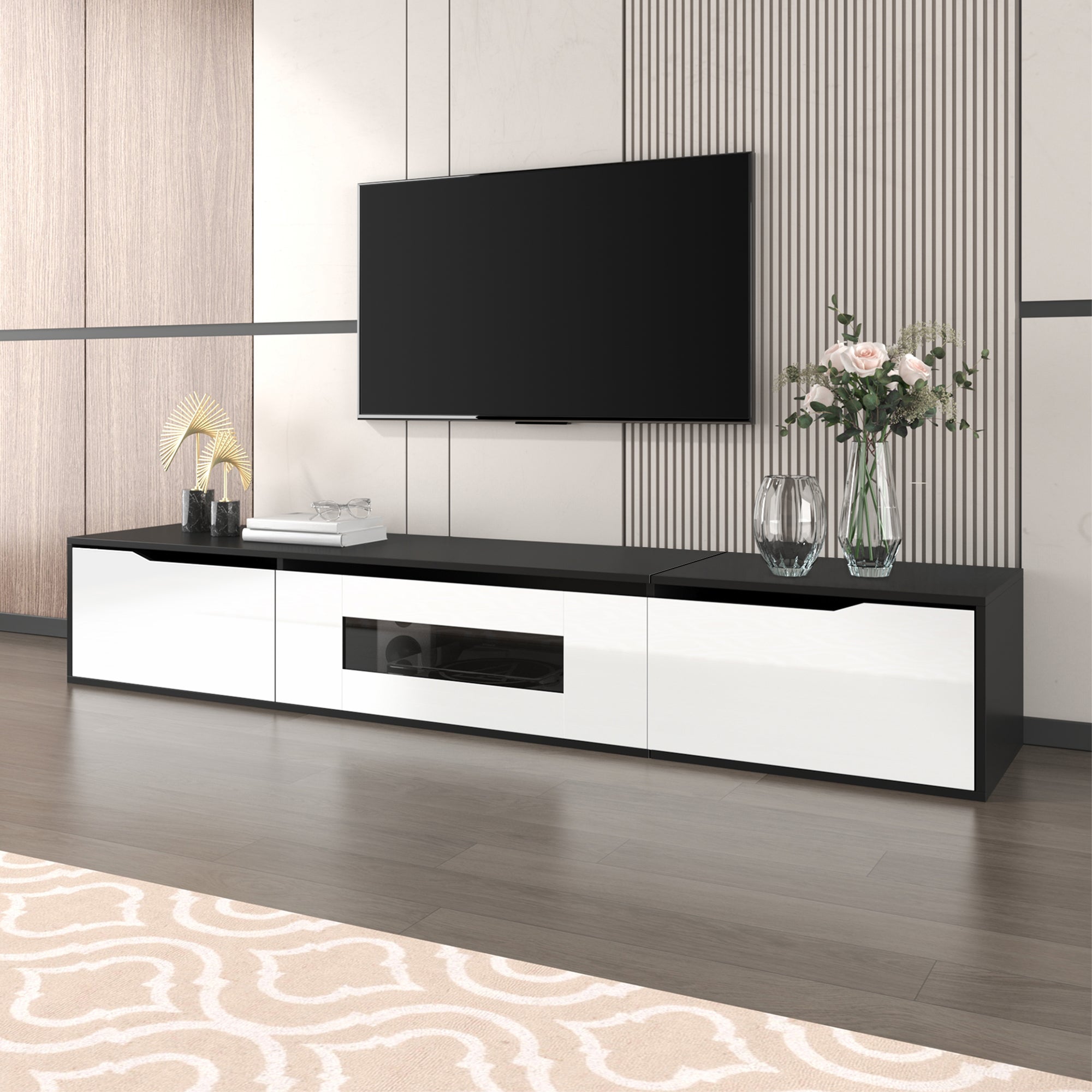 TV Cabinet High-Gloss 180cm Wall-Mounted LED USB - Black/White