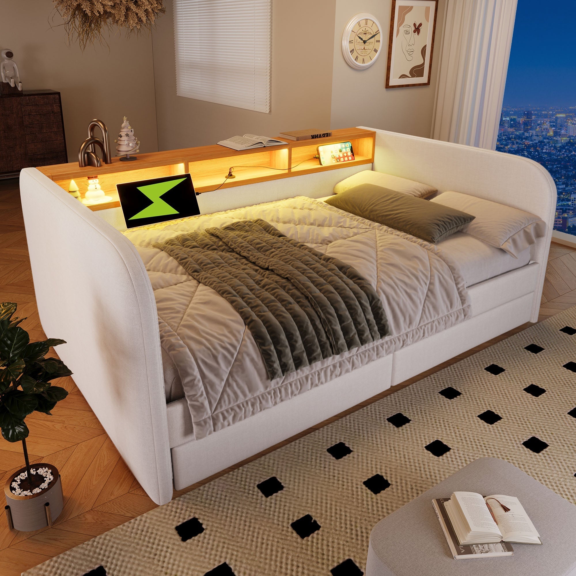 Daybed, 140x190 cm Upholstered Sofa Bed with LED, USB-C, Drawers & Storage Headboard, Light Beige Linen