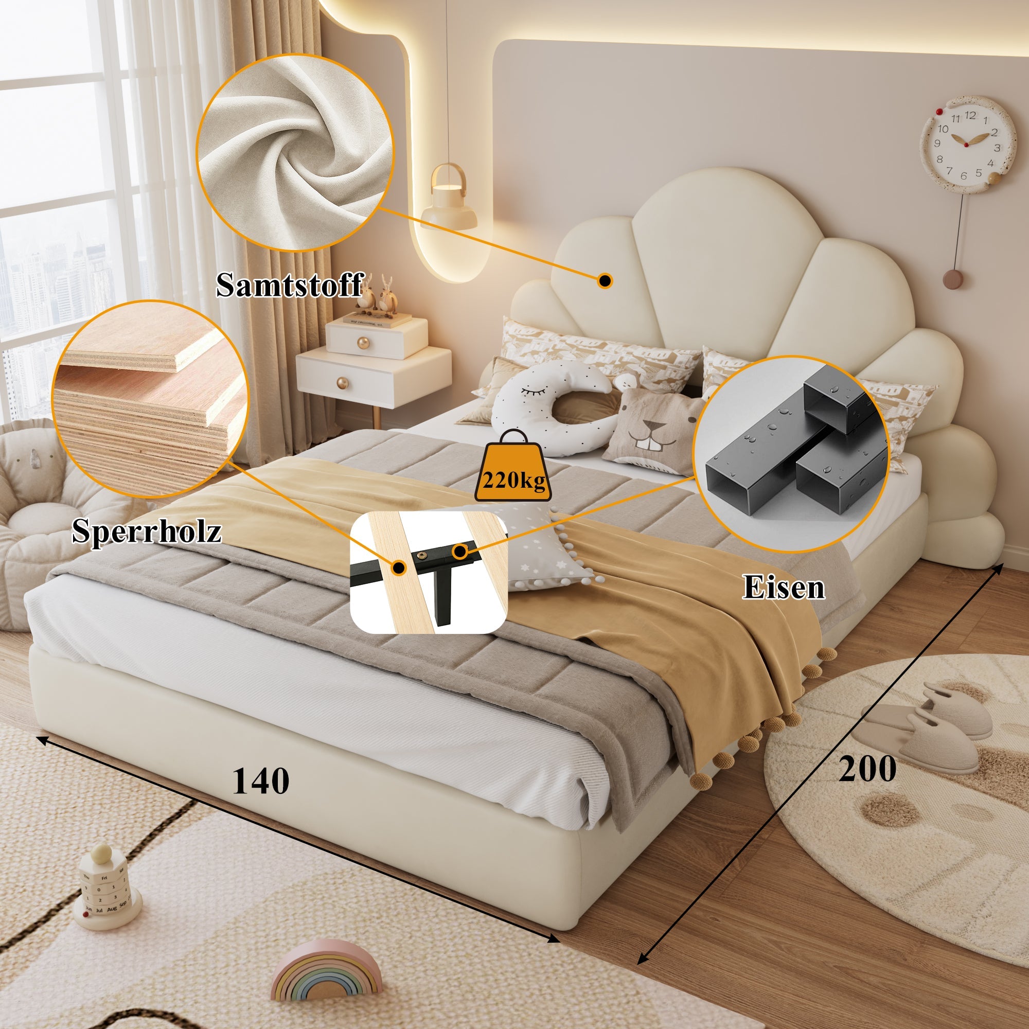 Upholstered Bed, Curved Petals, Modern Frame, Velvet Beige