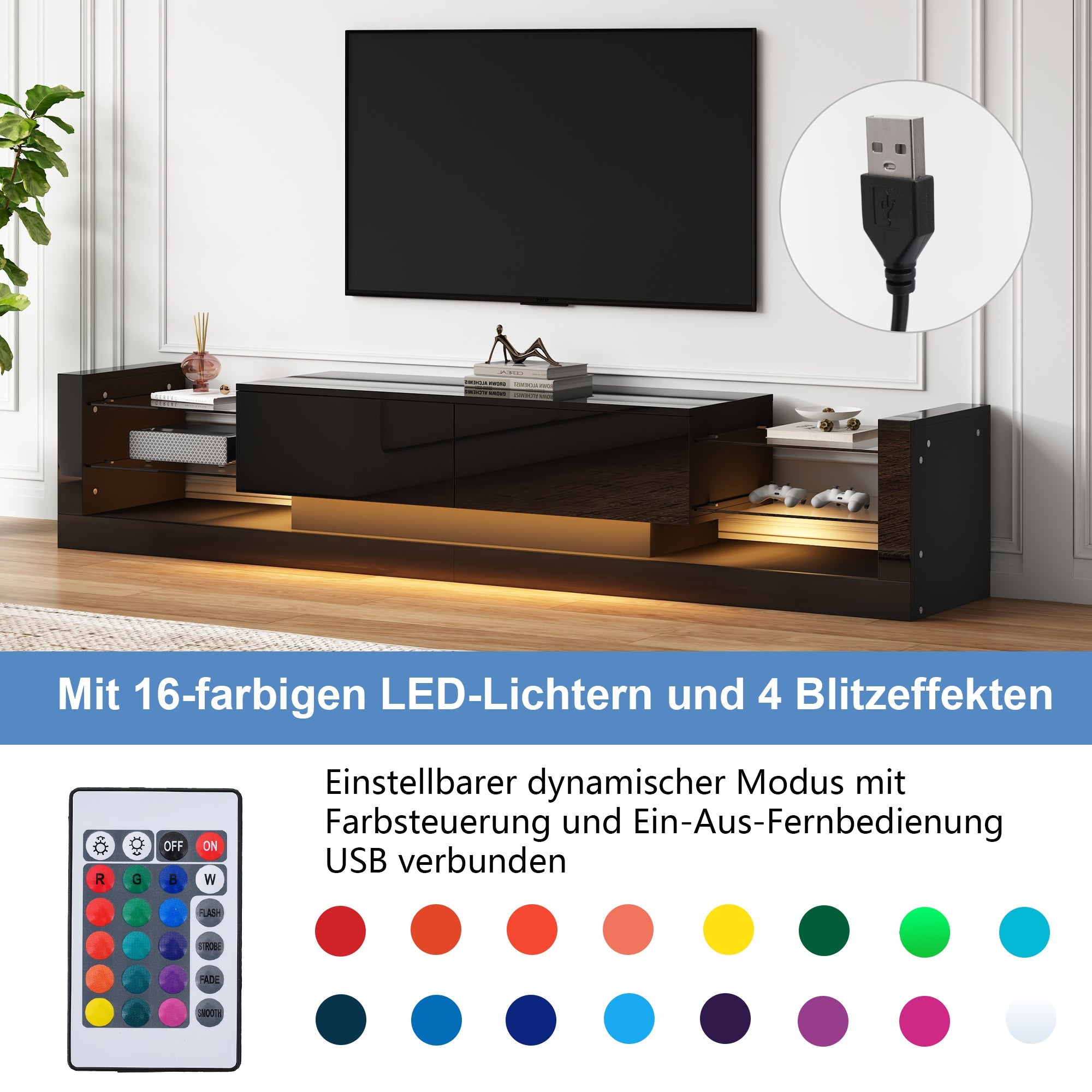 TV Cabinet, 181cm LED Lit, 80-inch Capacity, High-Gloss White